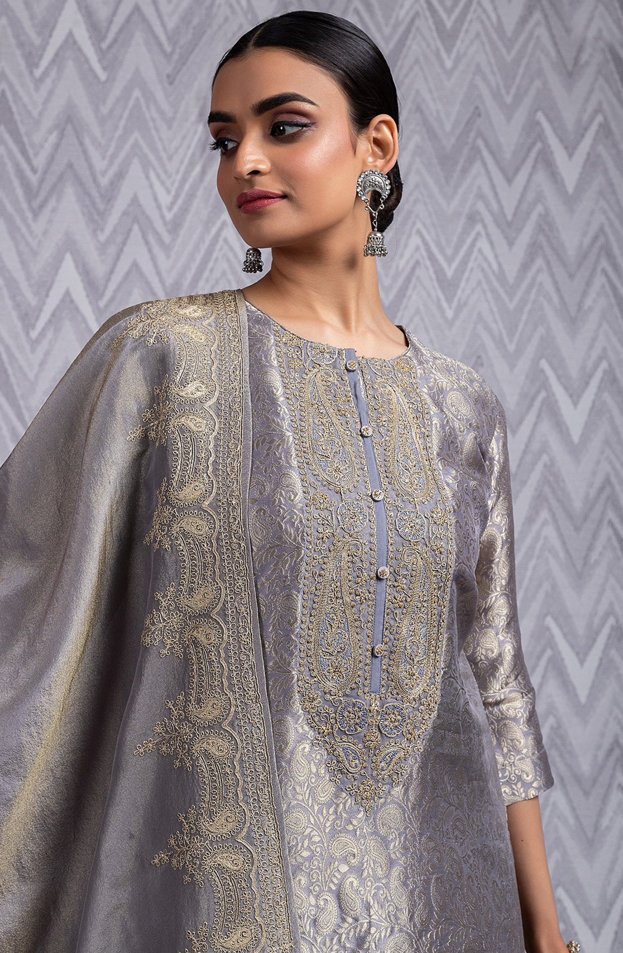 Grey Silk Jacquard Handwork Suit with Dupatta- R157-SPR2027B