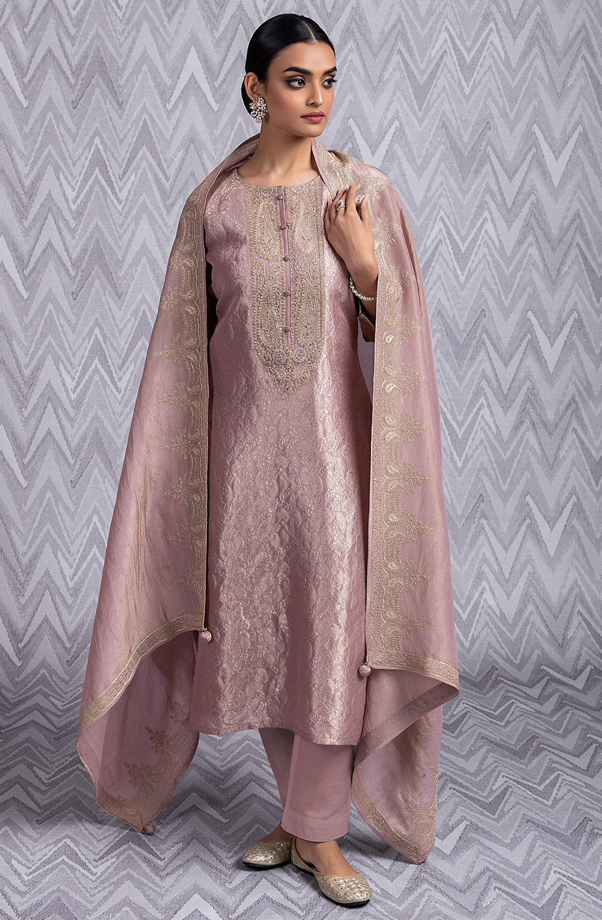 Mauve Silk Jacquard Handwork Suit with Dupatta- R157-SPR2027A