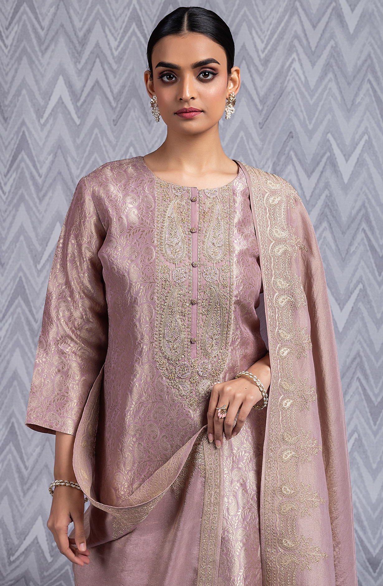 Mauve Silk Jacquard Handwork Suit with Dupatta- R157-SPR2027A