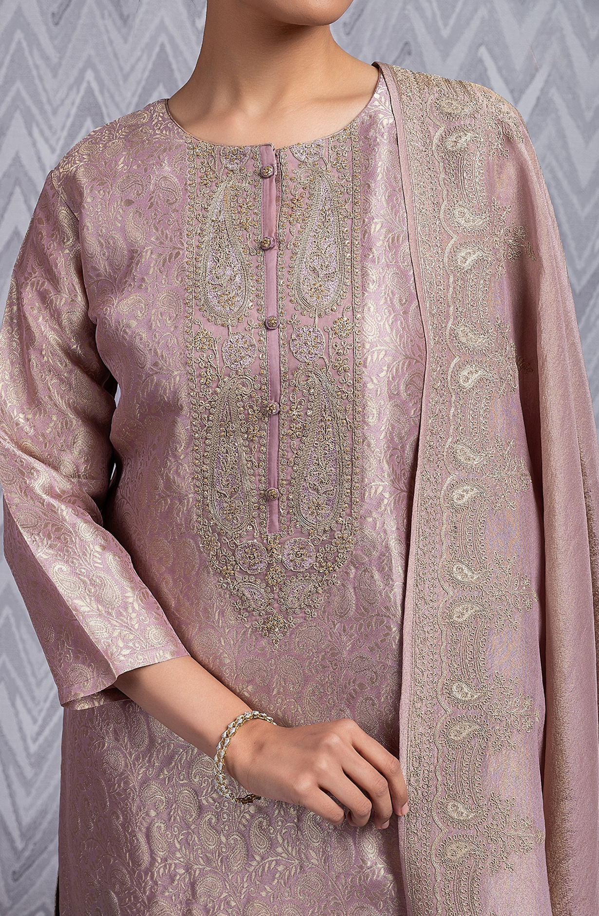 Mauve Silk Jacquard Handwork Suit with Dupatta- R157-SPR2027A
