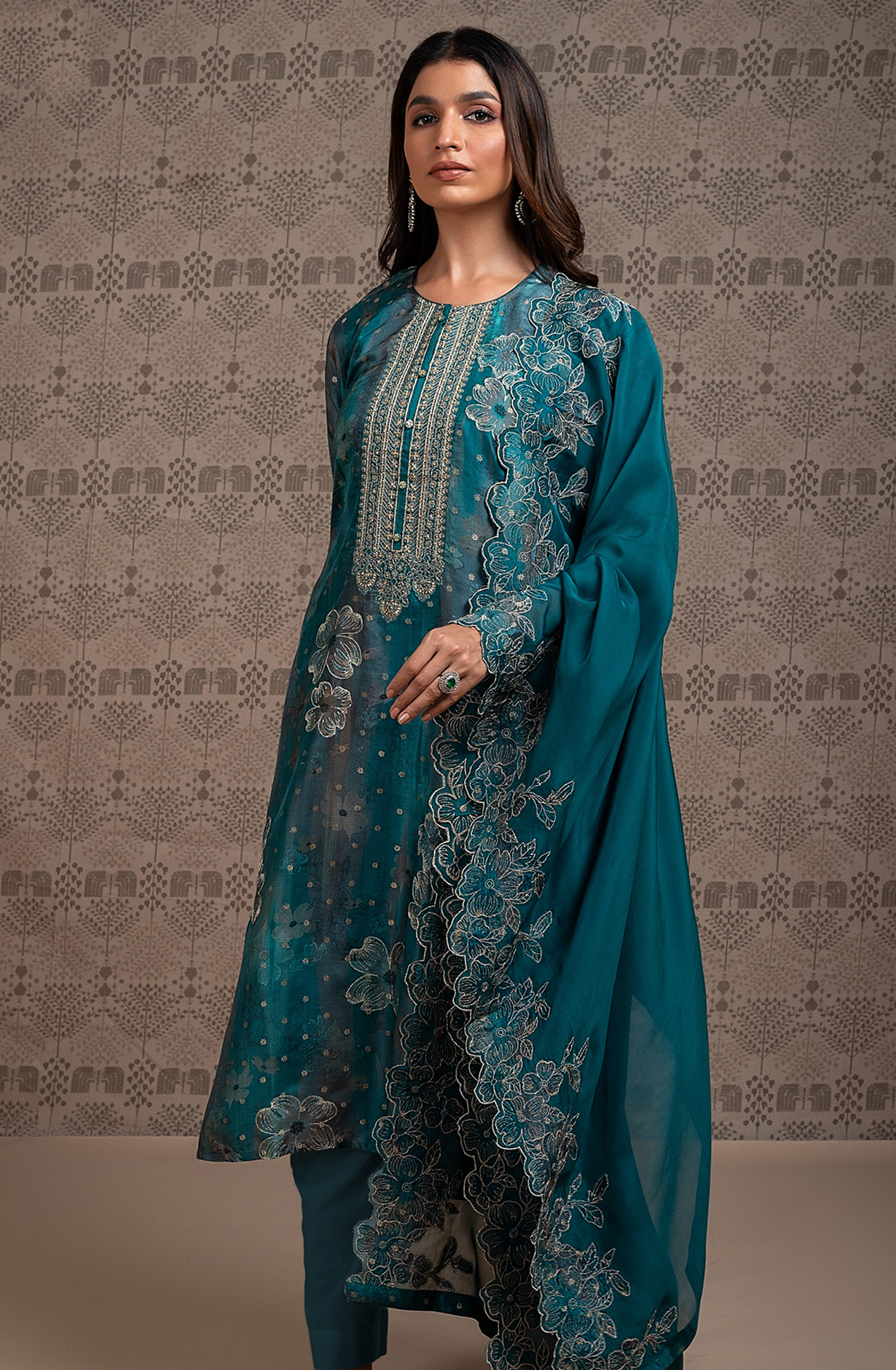 Blue Beautiful Silk Jacquard Printed Salwar Kameez with Organza Dupatta- R157-SPR2040