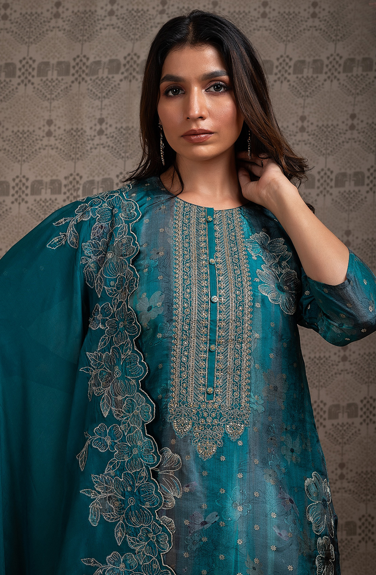Blue Beautiful Silk Jacquard Printed Salwar Kameez with Organza Dupatta- R157-SPR2040