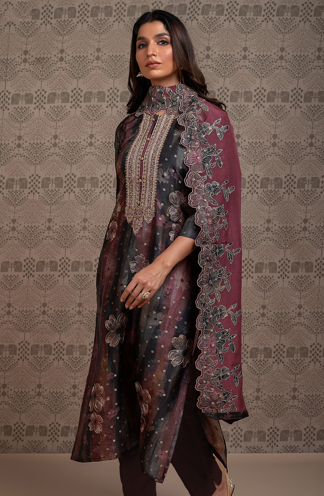 Wine Beautiful Silk Jacquard Printed Salwar Kameez with Organza Dupatta- R157-SPR2040A