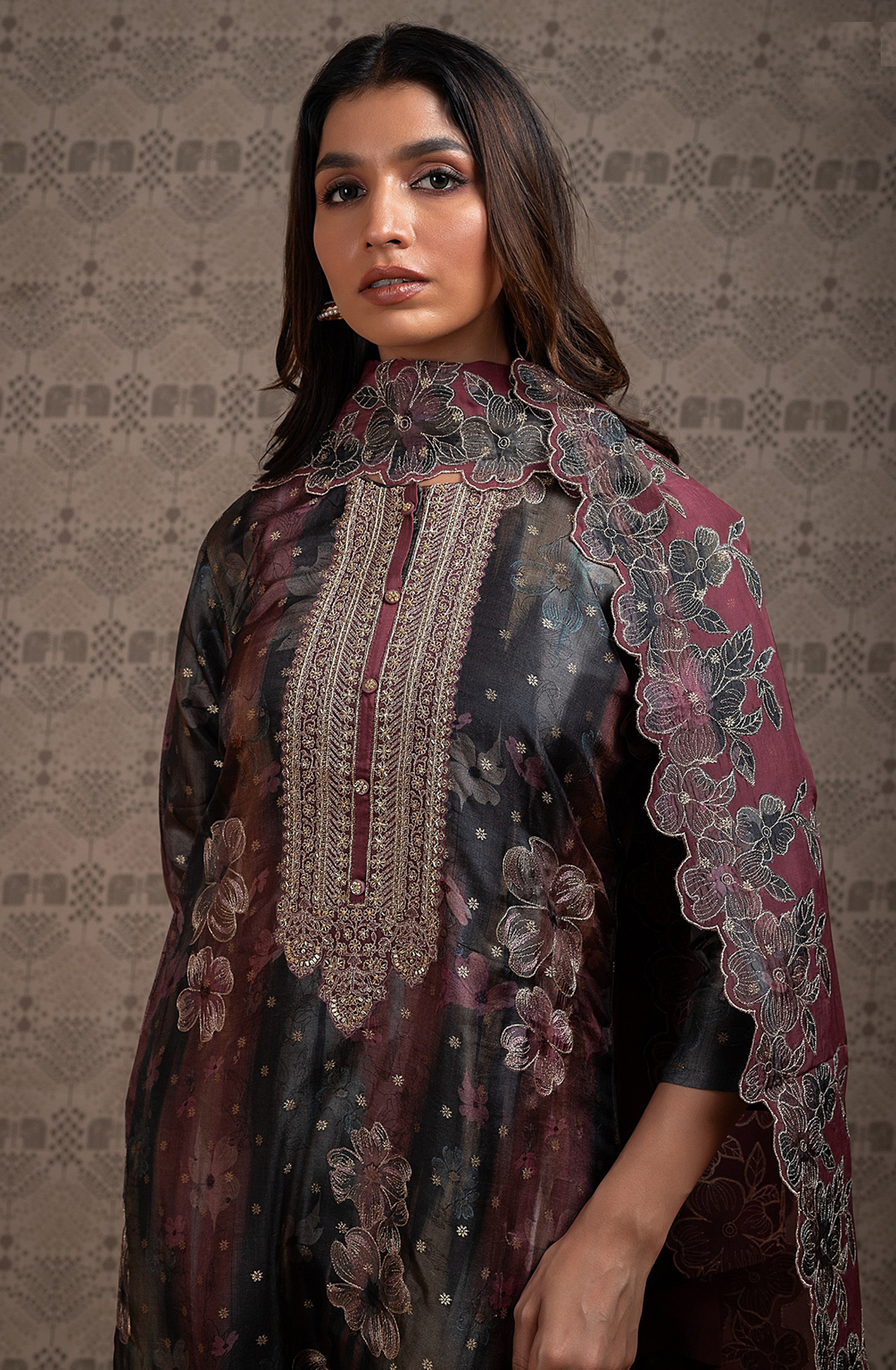Wine Beautiful Silk Jacquard Printed Salwar Kameez with Organza Dupatta- R157-SPR2040A