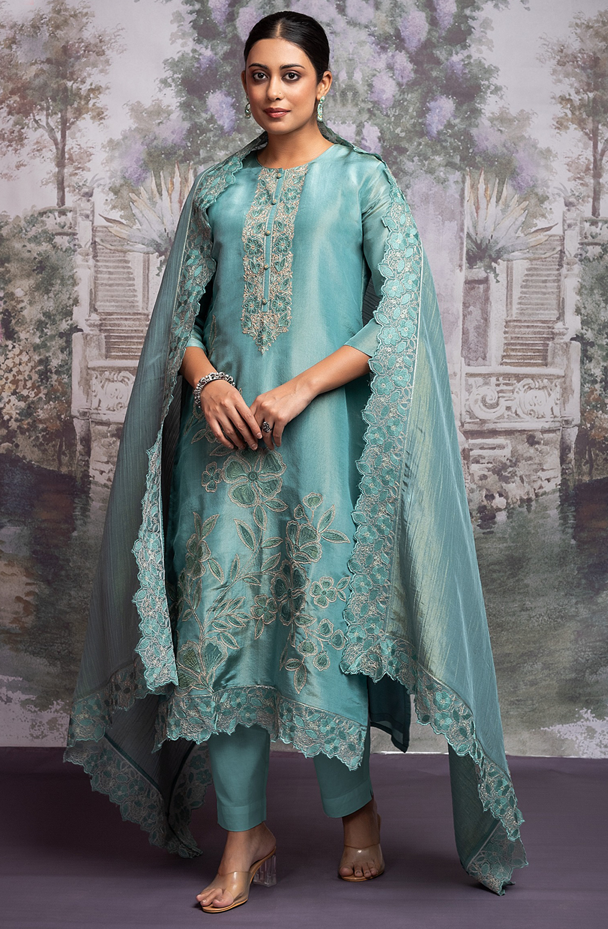 Pastel Blue Handwork Tissue Silk Suit with Dupatta- R157-SPR2058B