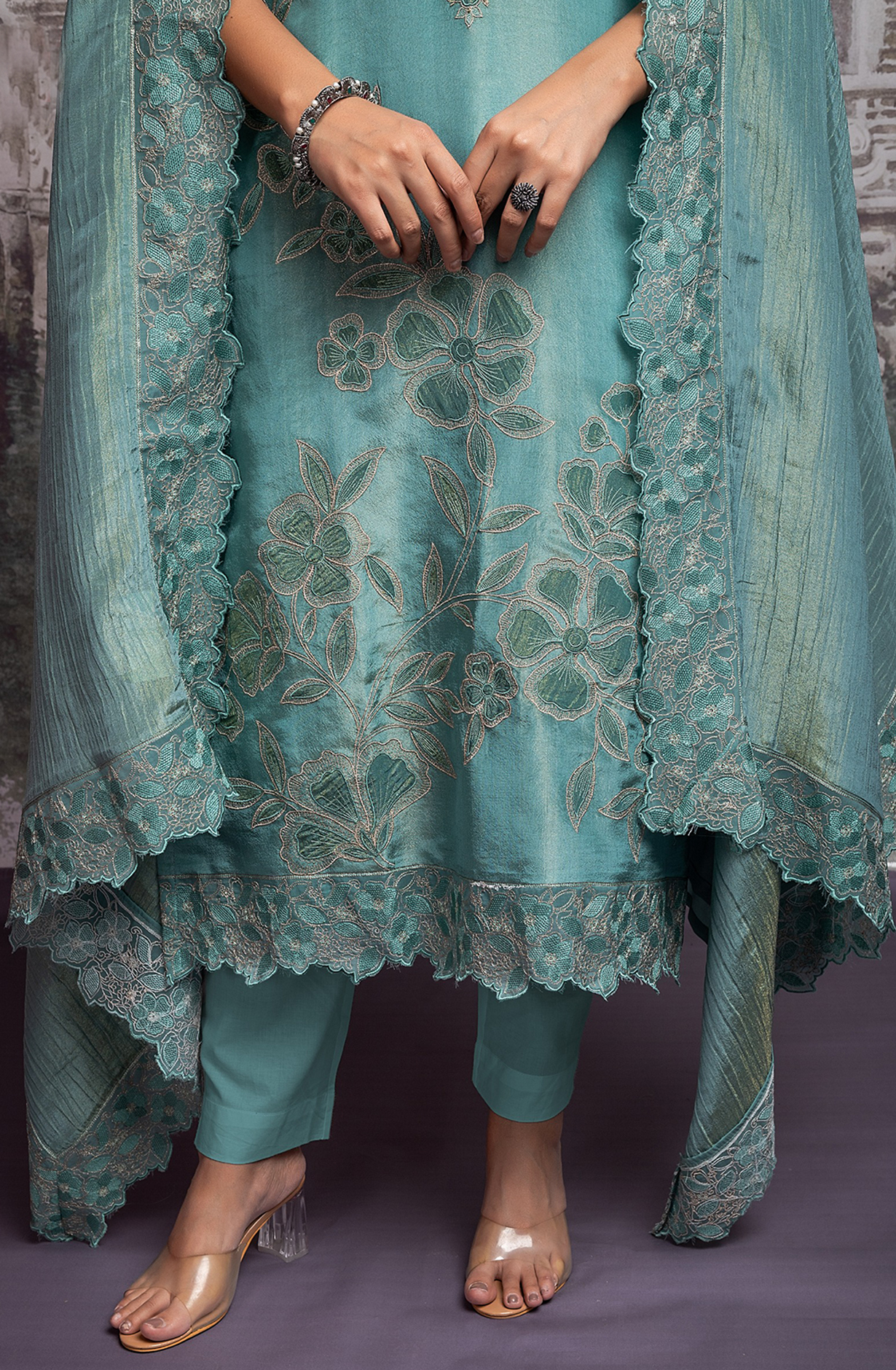 Pastel Blue Handwork Tissue Silk Suit with Dupatta- R157-SPR2058B