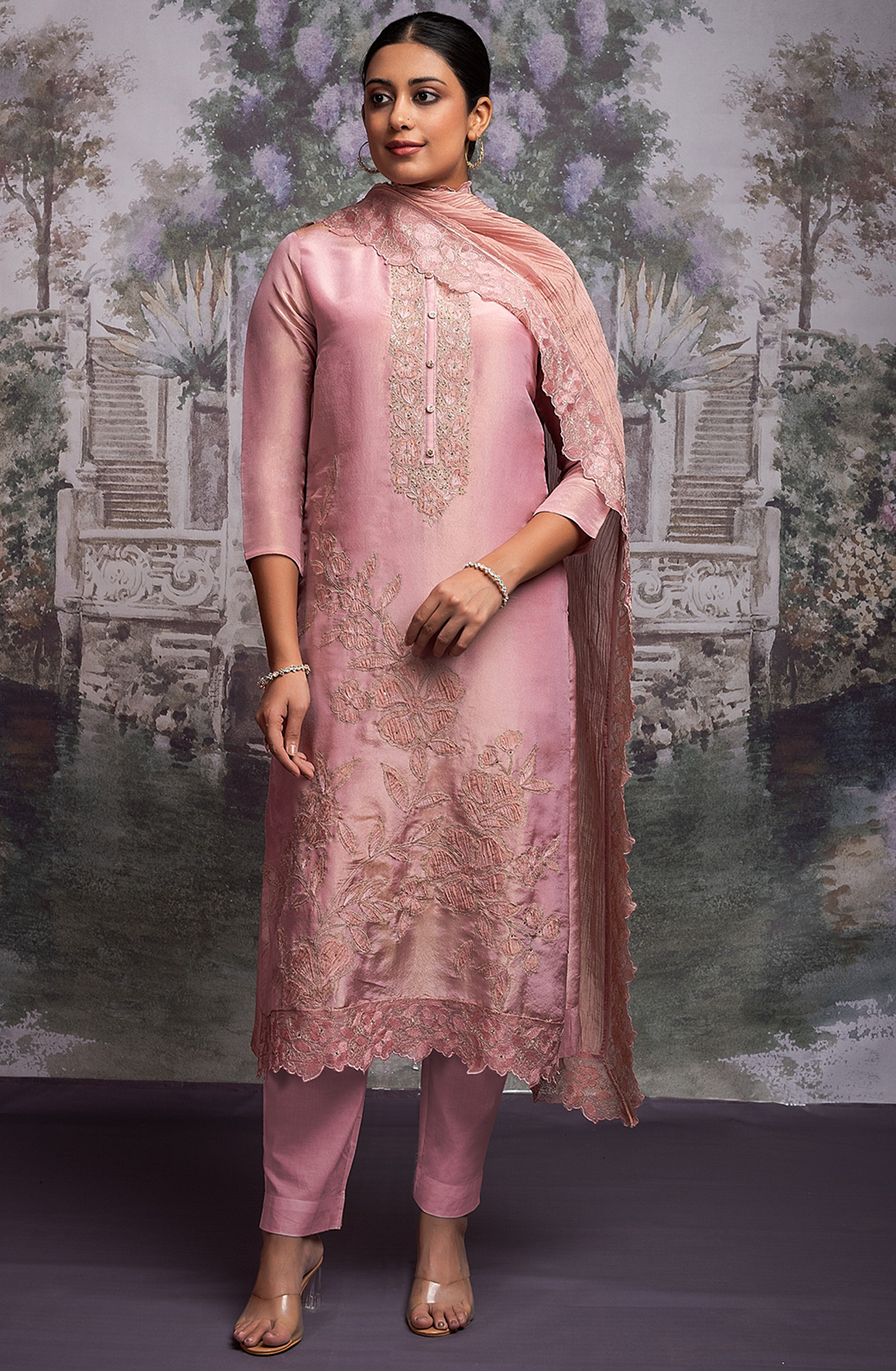 Pink Handwork Tissue Silk Suit with Dupatta- R157-SPR2058A