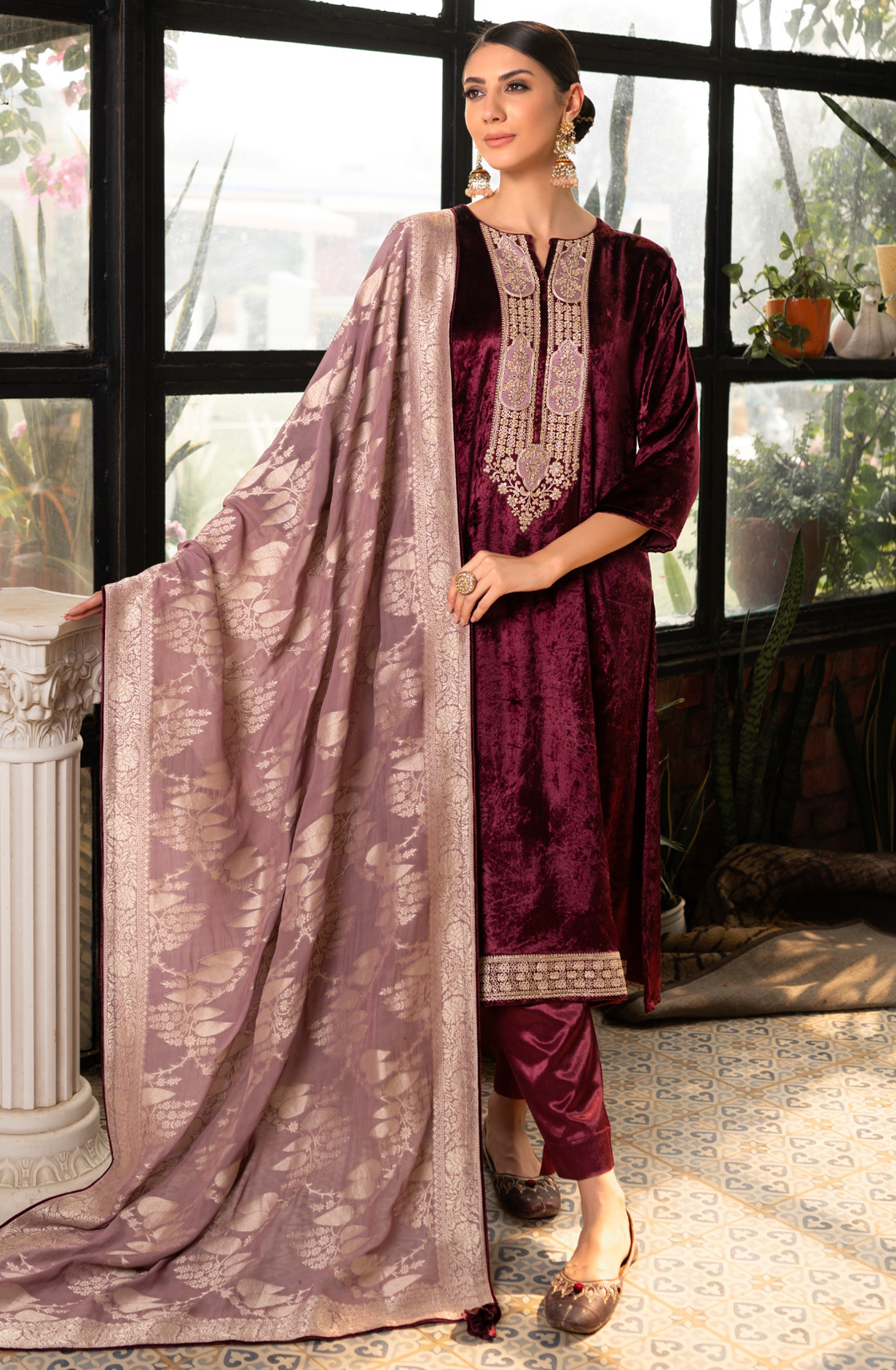 Maroon Velvet Salwaar Kameez with Beautiful Dupatta - R157-SPR2062B