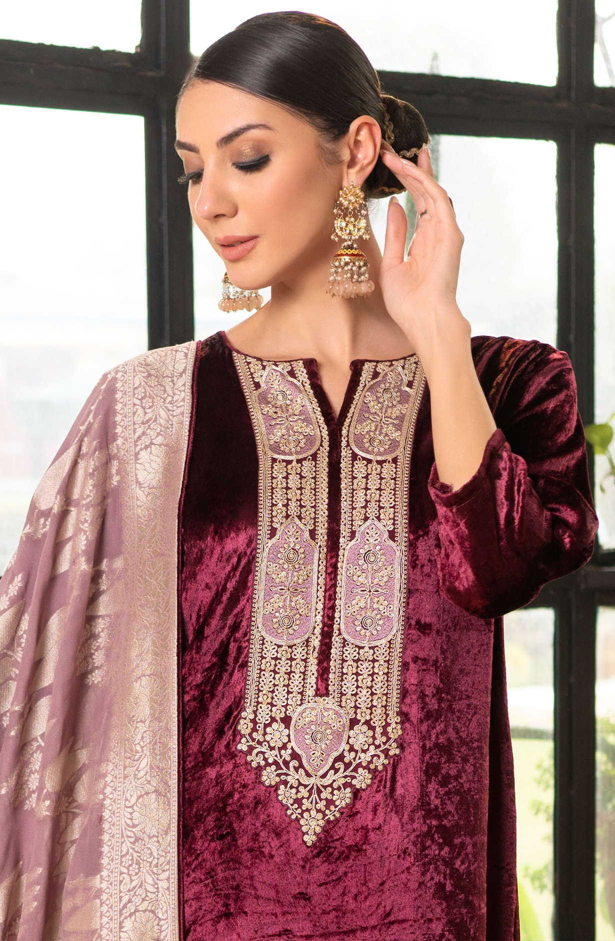 Maroon Velvet Salwaar Kameez with Beautiful Dupatta - R157-SPR2062B