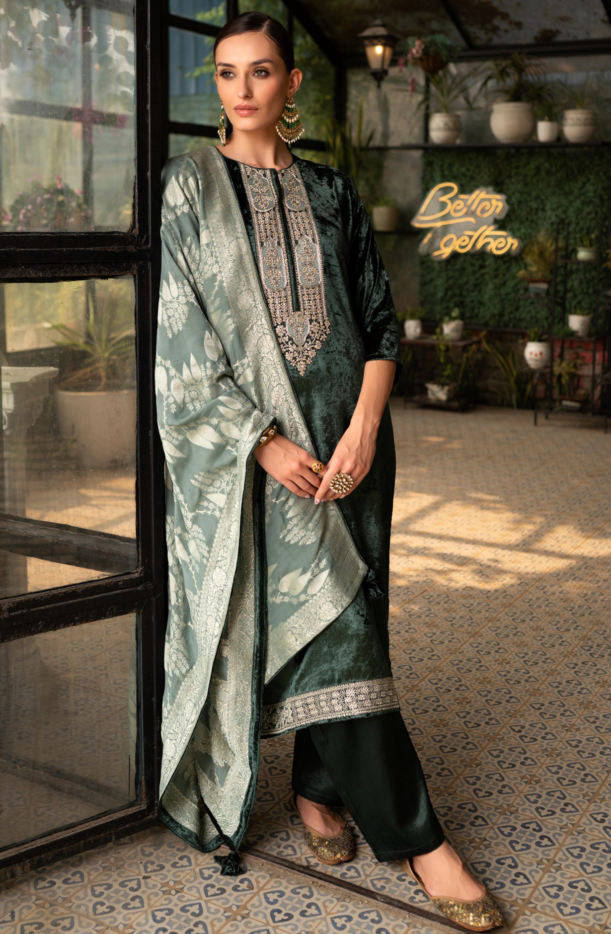 Bottle Green Velvet Salwaar Kameez with Beautiful Dupatta - R157-SPR2062C
