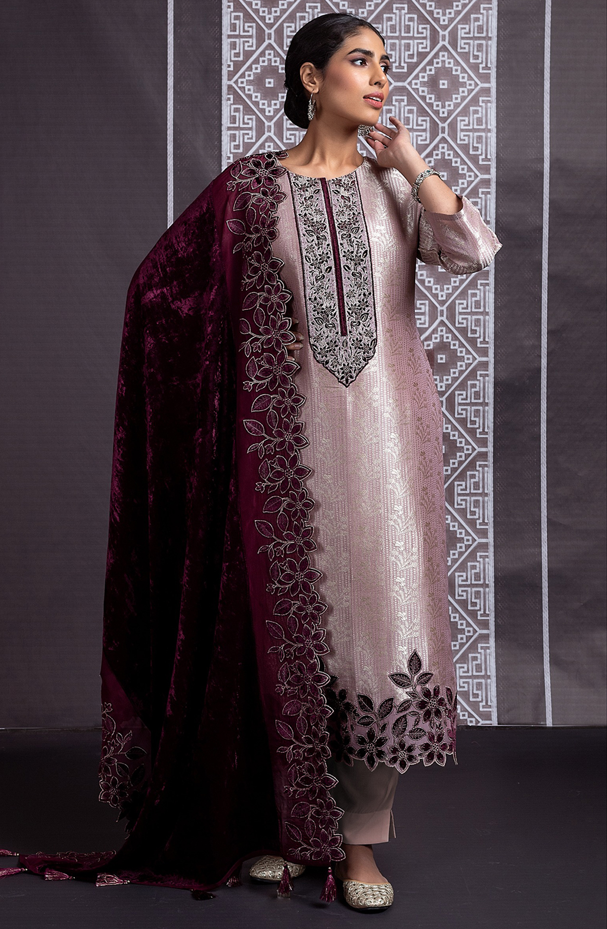 Pink Tissue Silk Suit with Embroidery and Handwork on the neckline - R157-SPR2066A