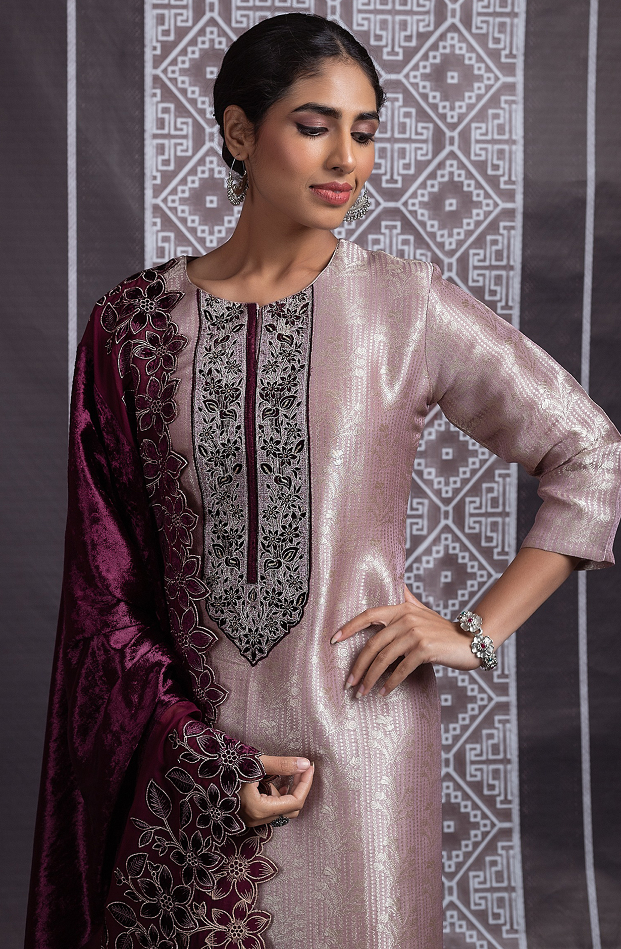 Pink Tissue Silk Suit with Embroidery and Handwork on the neckline - R157-SPR2066A