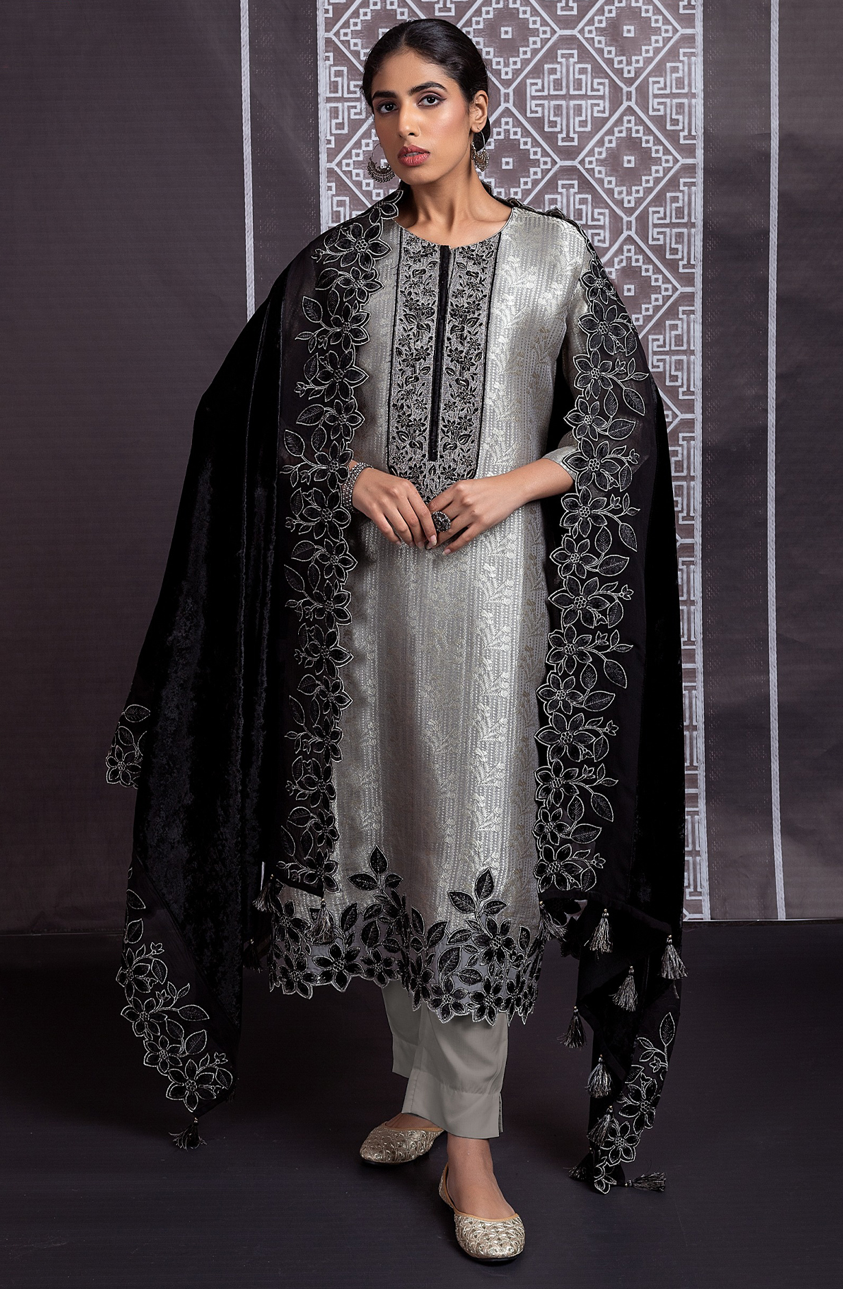 Grey Tissue Silk Suit with Embroidery and Handwork on the neckline - R157-SPR2066B