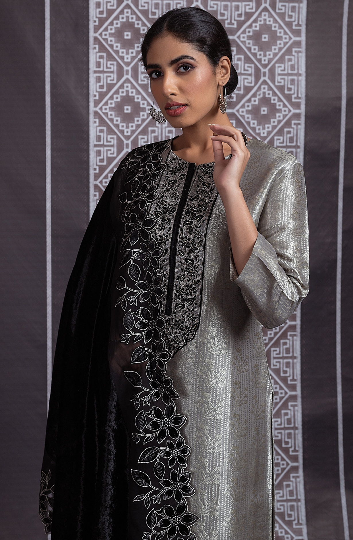 Grey Tissue Silk Suit with Embroidery and Handwork on the neckline - R157-SPR2066B