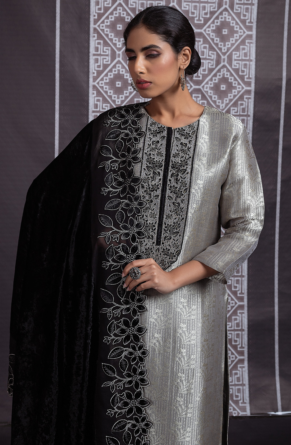 Grey Tissue Silk Suit with Embroidery and Handwork on the neckline - R157-SPR2066B