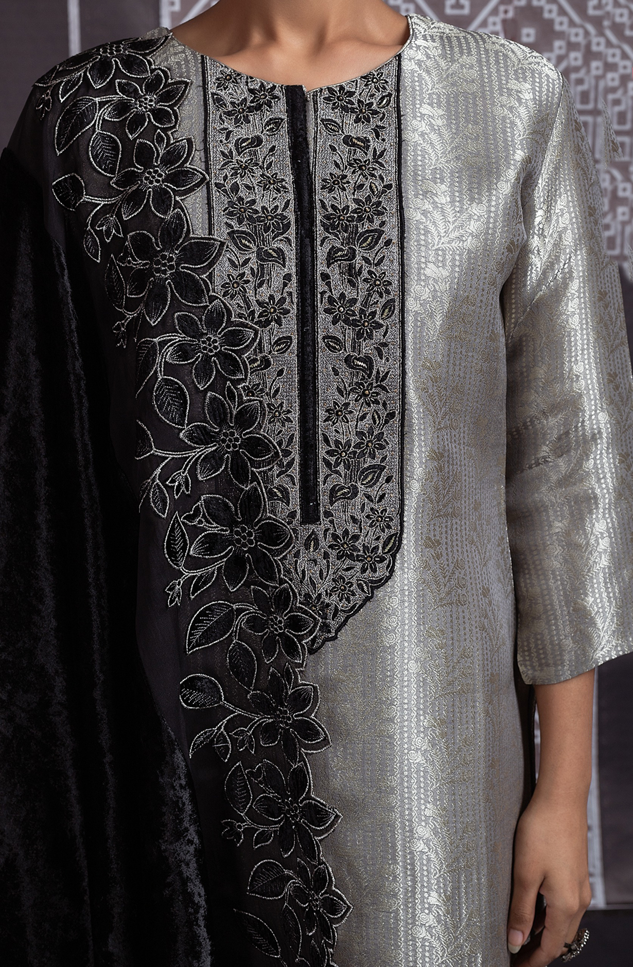 Grey Tissue Silk Suit with Embroidery and Handwork on the neckline - R157-SPR2066B