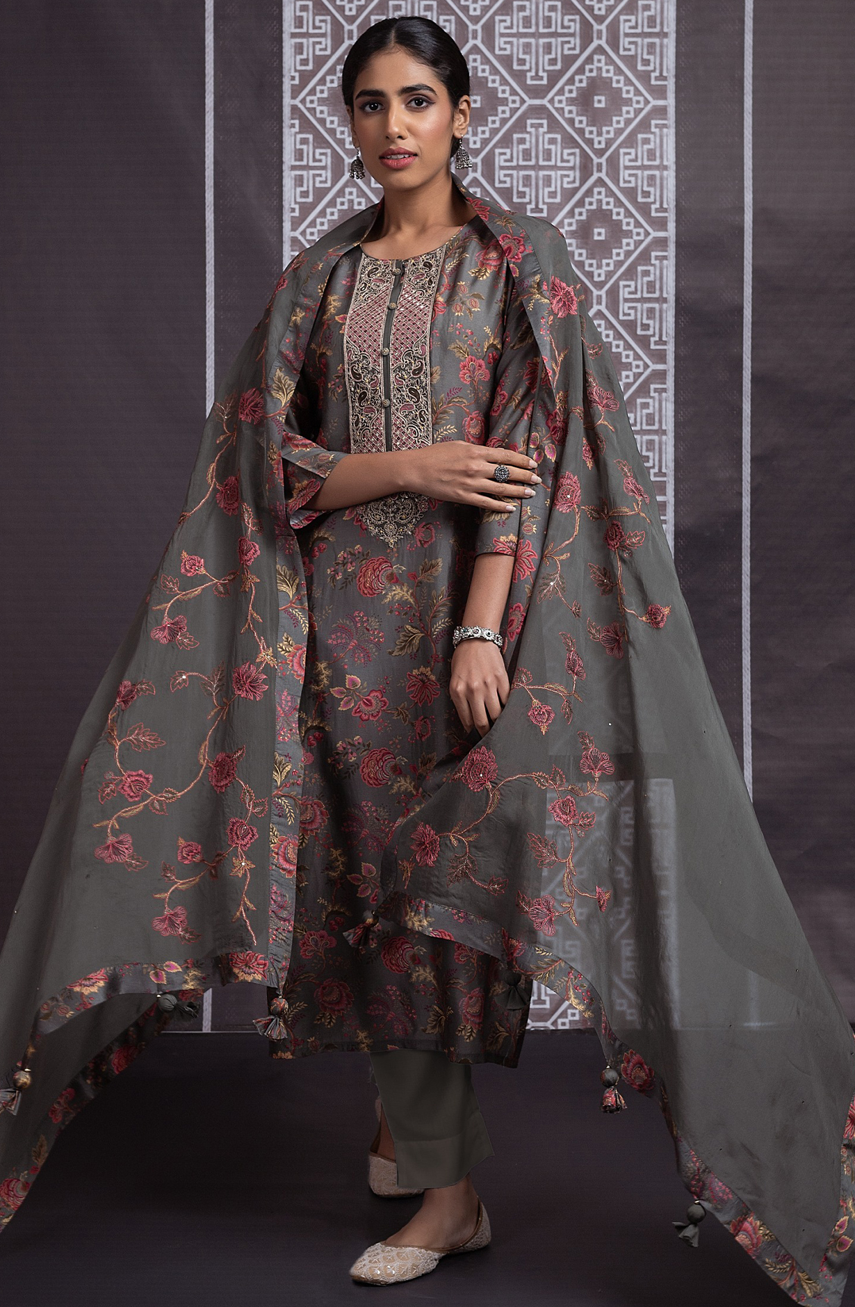 Grey Silk Unstitched Suit with Beautiful Embroidery on the neckline - R157-SPR2069A