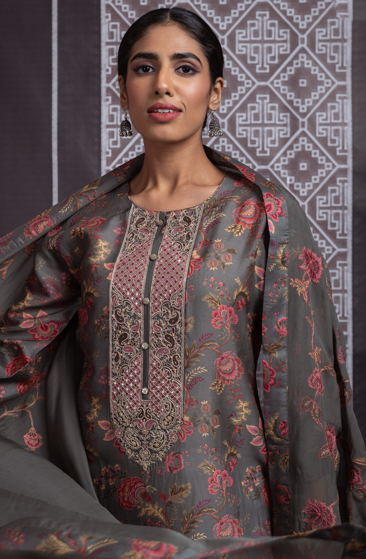 Grey Silk Unstitched Suit with Beautiful Embroidery on the neckline - R157-SPR2069A