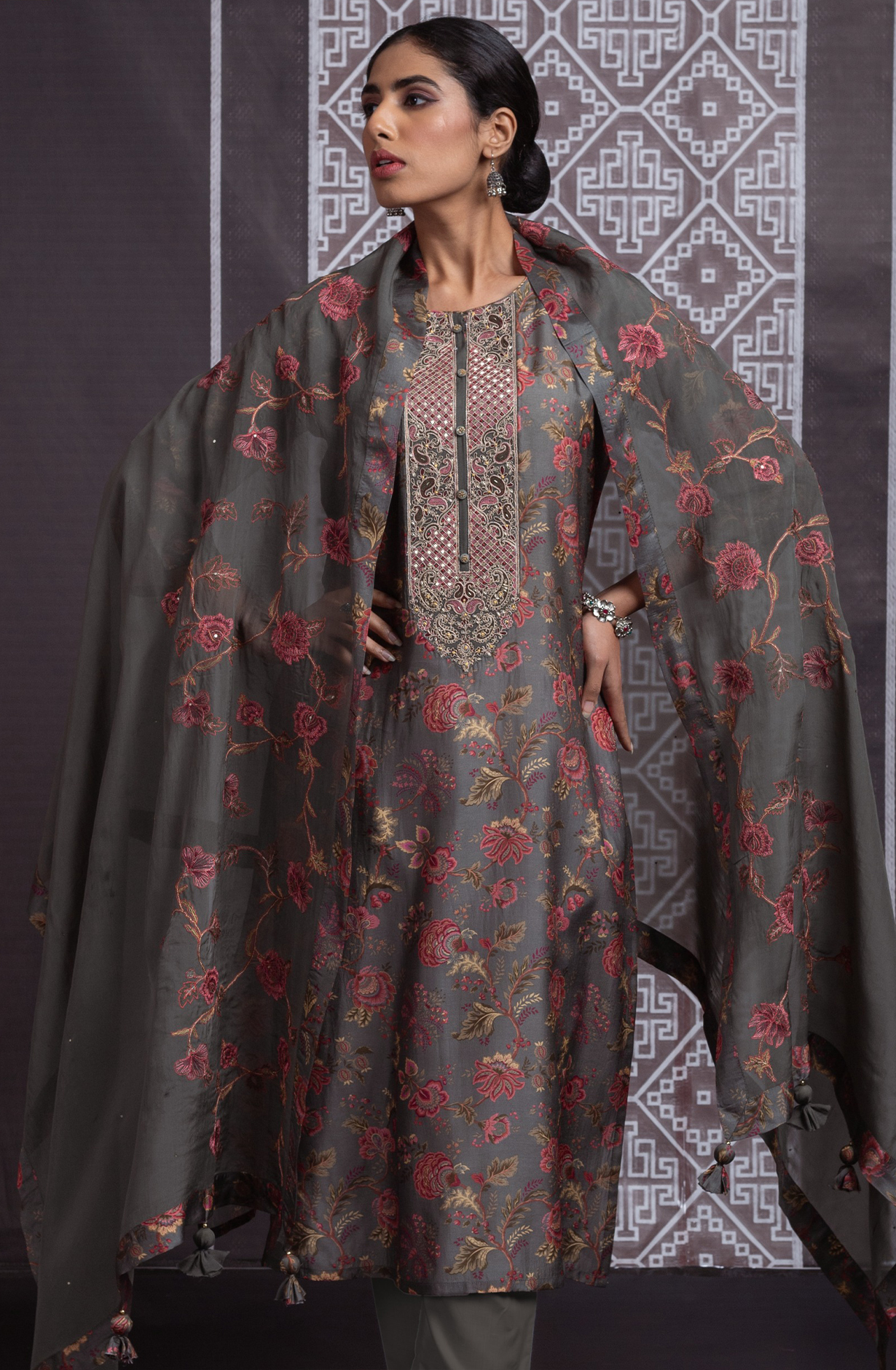 Grey Silk Unstitched Suit with Beautiful Embroidery on the neckline - R157-SPR2069A