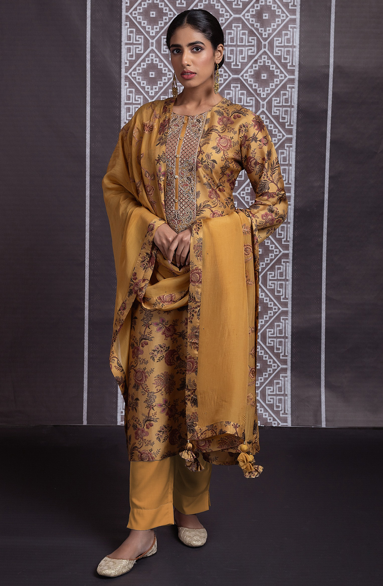 Mustard Silk Unstitched Suit with Beautiful Embroidery on the neckline - R157-SPR2069B