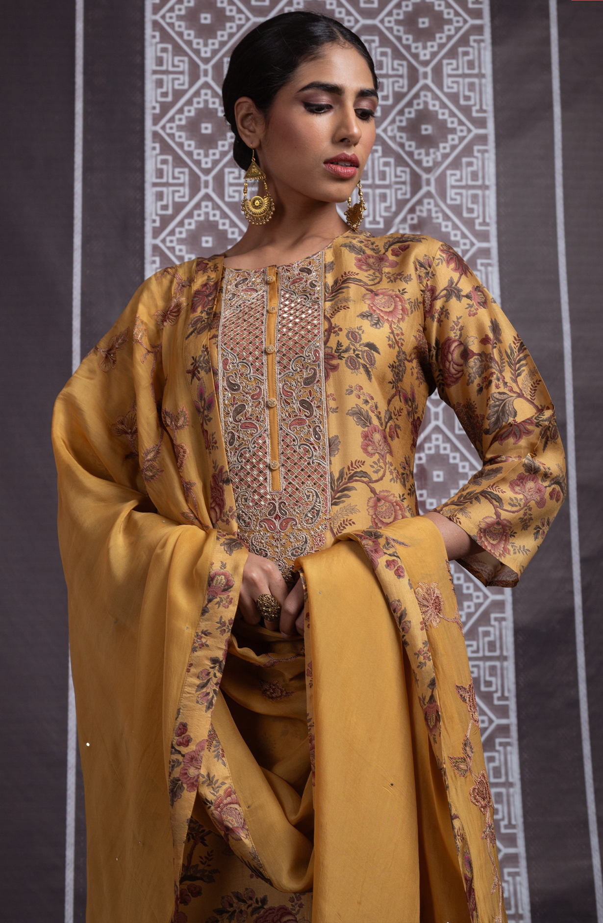 Mustard Silk Unstitched Suit with Beautiful Embroidery on the neckline - R157-SPR2069B