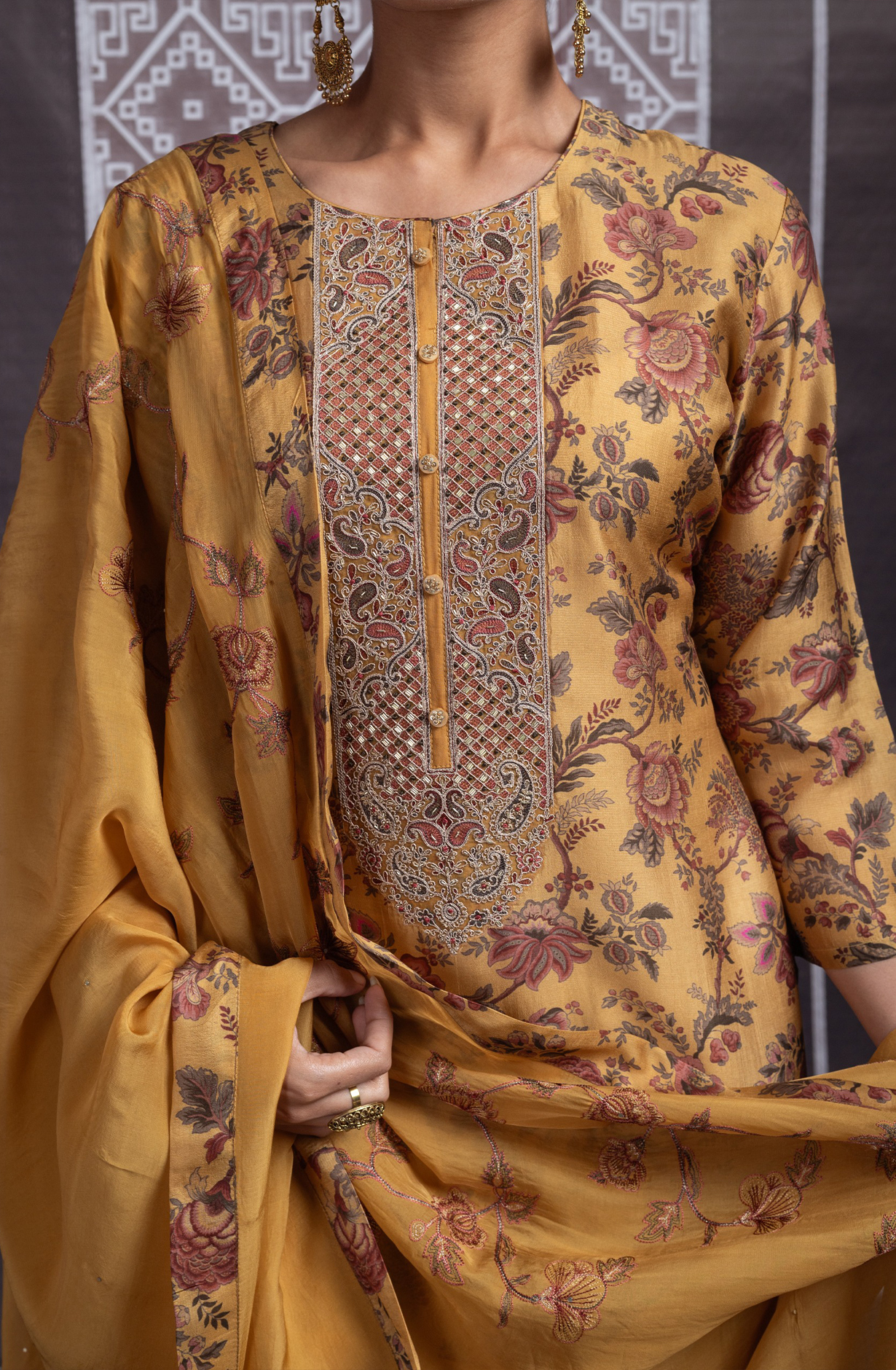 Mustard Silk Unstitched Suit with Beautiful Embroidery on the neckline - R157-SPR2069B