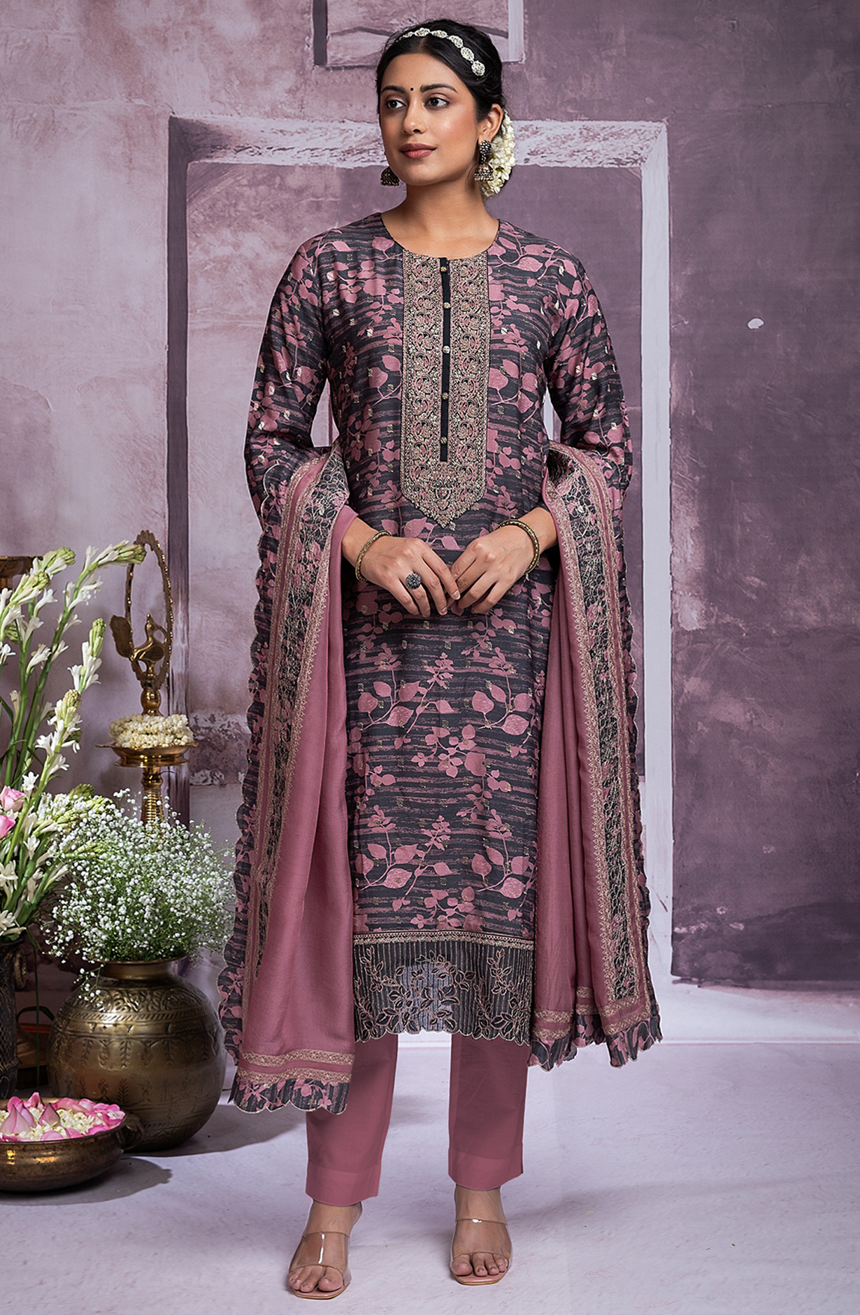 Purple Silk Jacquard printed shirt with Embroidery- R157-SPR2073