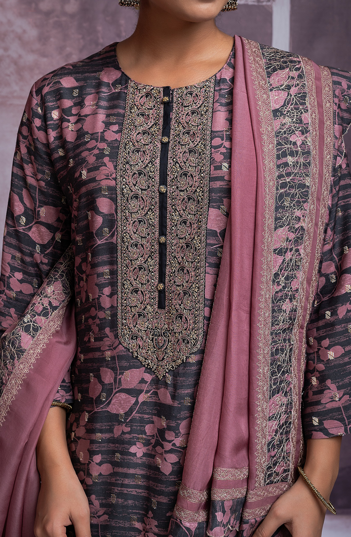 Purple Silk Jacquard printed shirt with Embroidery- R157-SPR2073