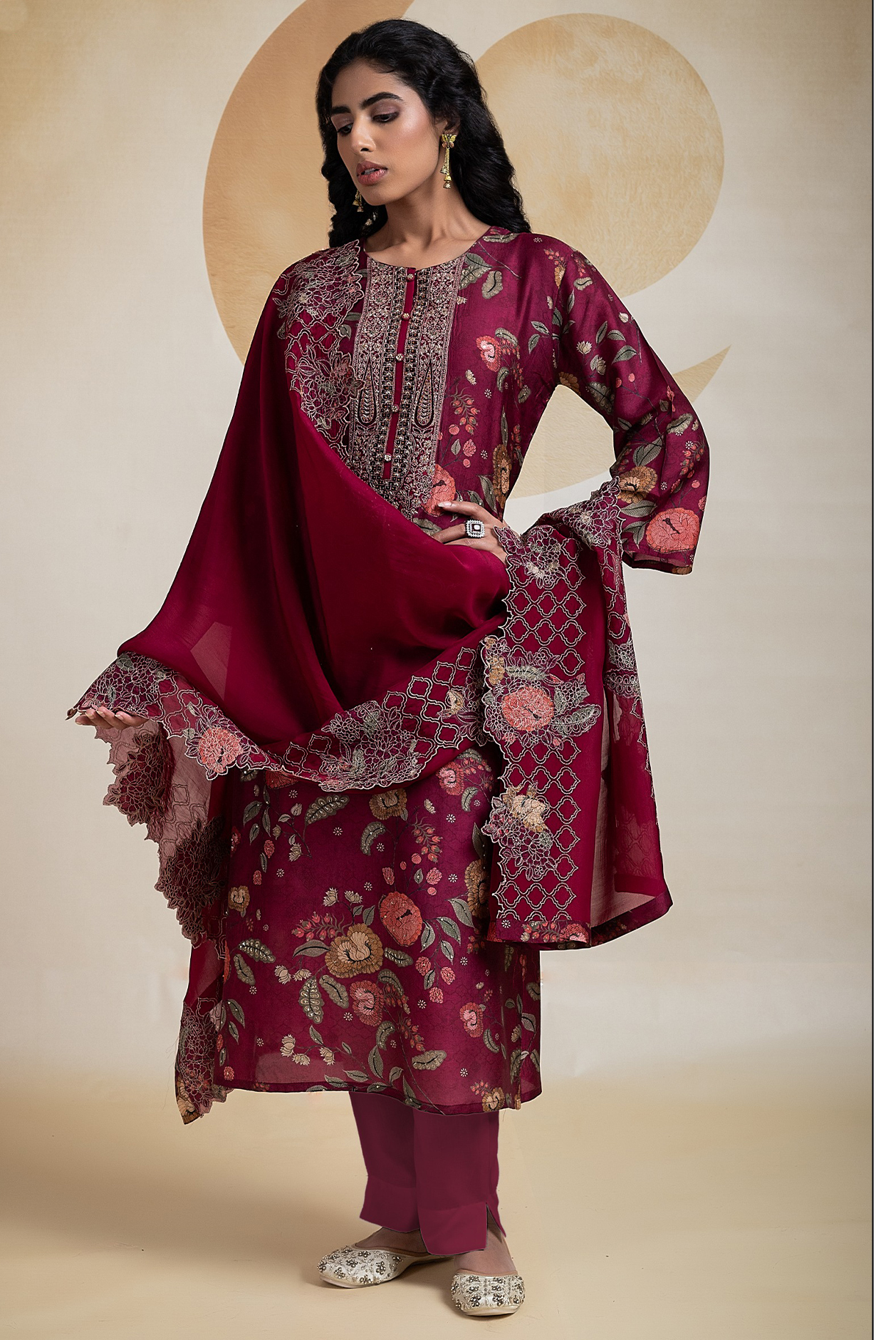 Maroon Designer Unstitched Suit with Embroidery and Handwork - R157-SPR2093B