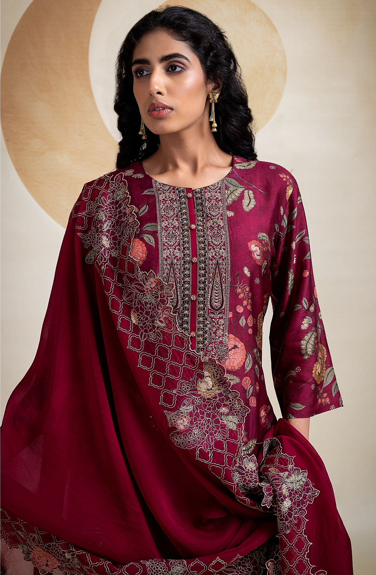 Maroon Designer Unstitched Suit with Embroidery and Handwork - R157-SPR2093B