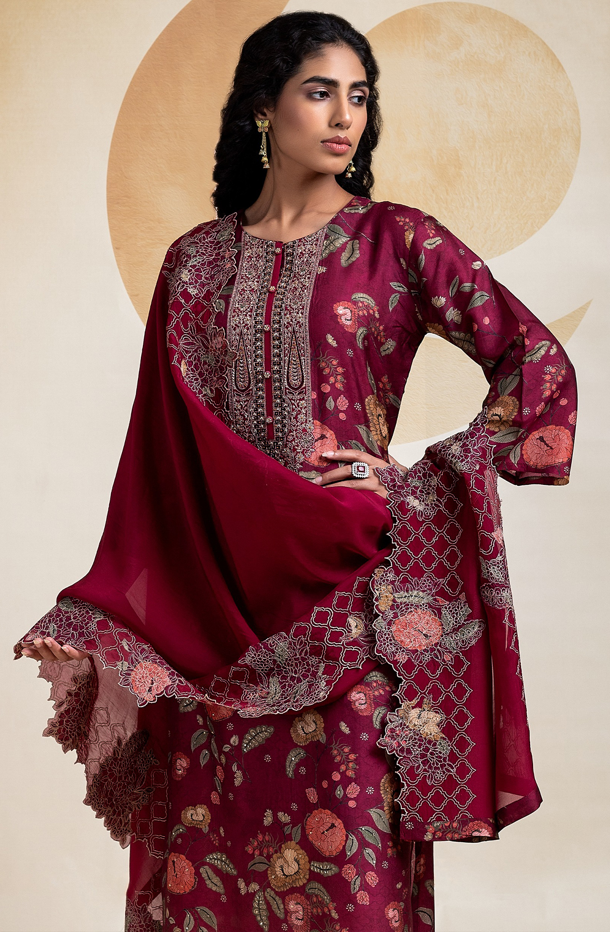 Maroon Designer Unstitched Suit with Embroidery and Handwork - R157-SPR2093B