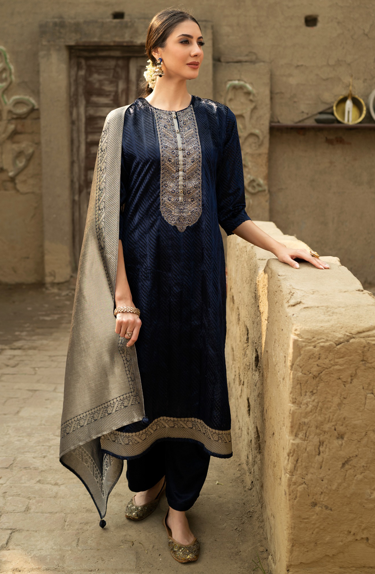 Blue Velvet Unstitched Suit with Silk Jacquard Dupatta - R157-SPR2099A