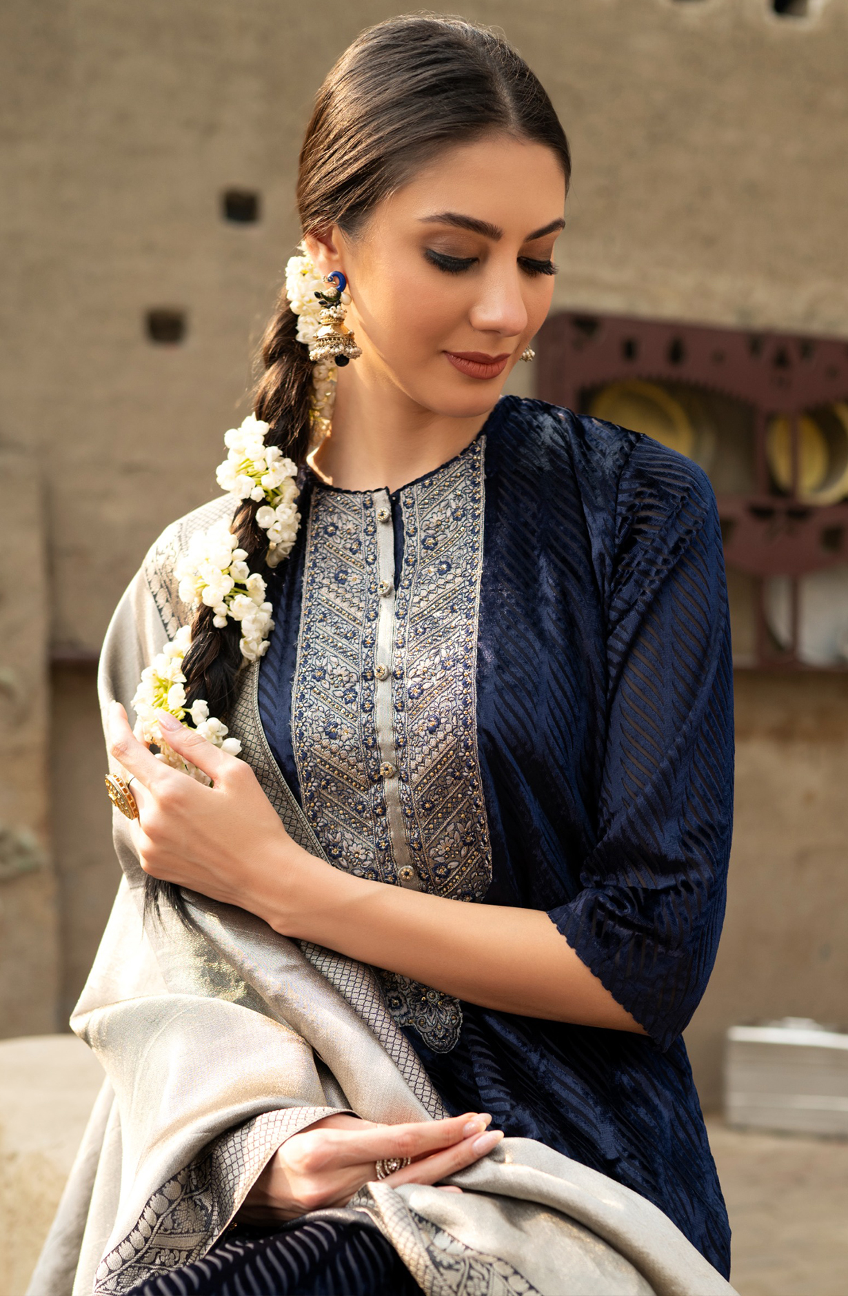 Blue Velvet Unstitched Suit with Silk Jacquard Dupatta - R157-SPR2099A