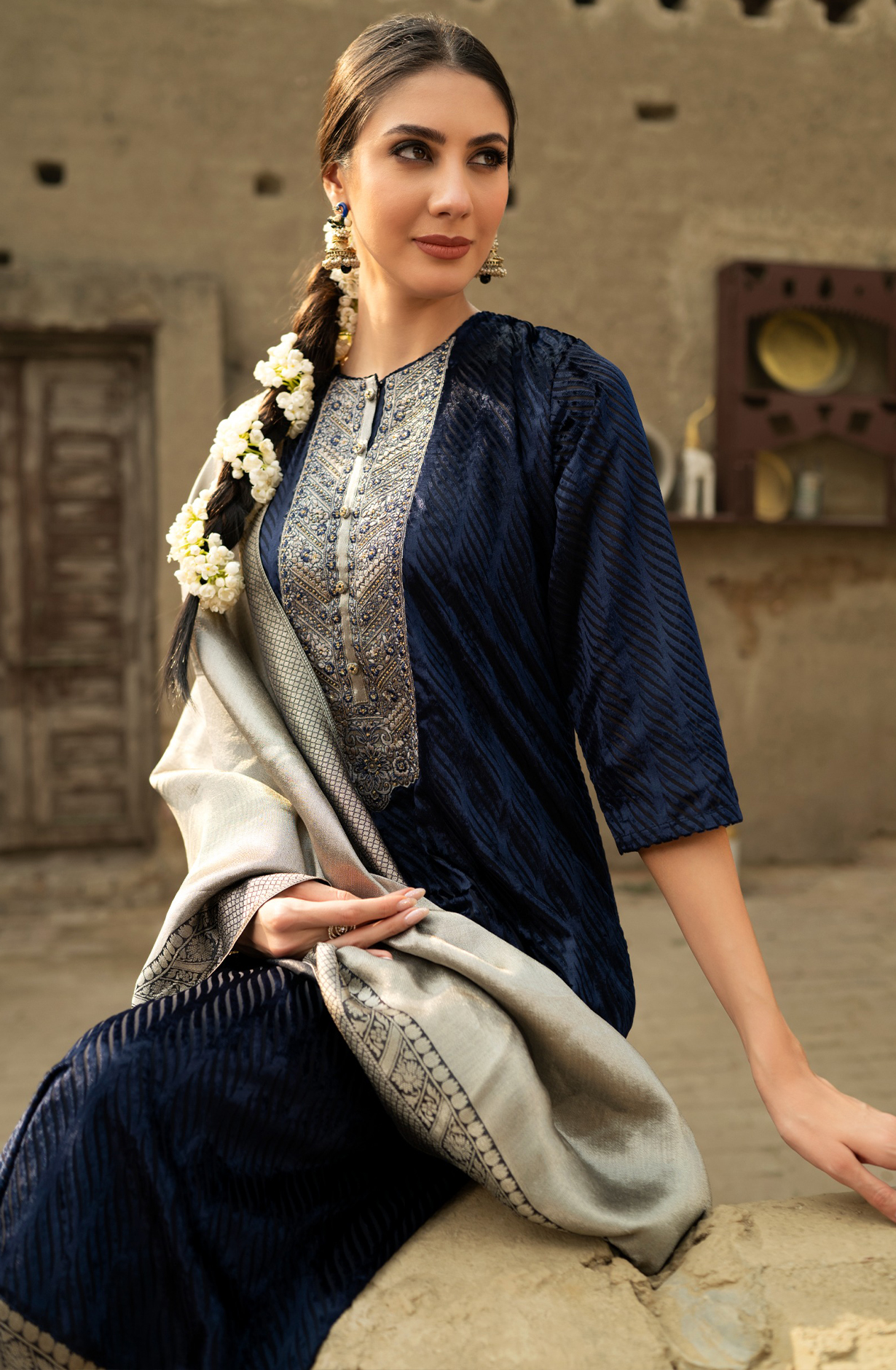 Blue Velvet Unstitched Suit with Silk Jacquard Dupatta - R157-SPR2099A
