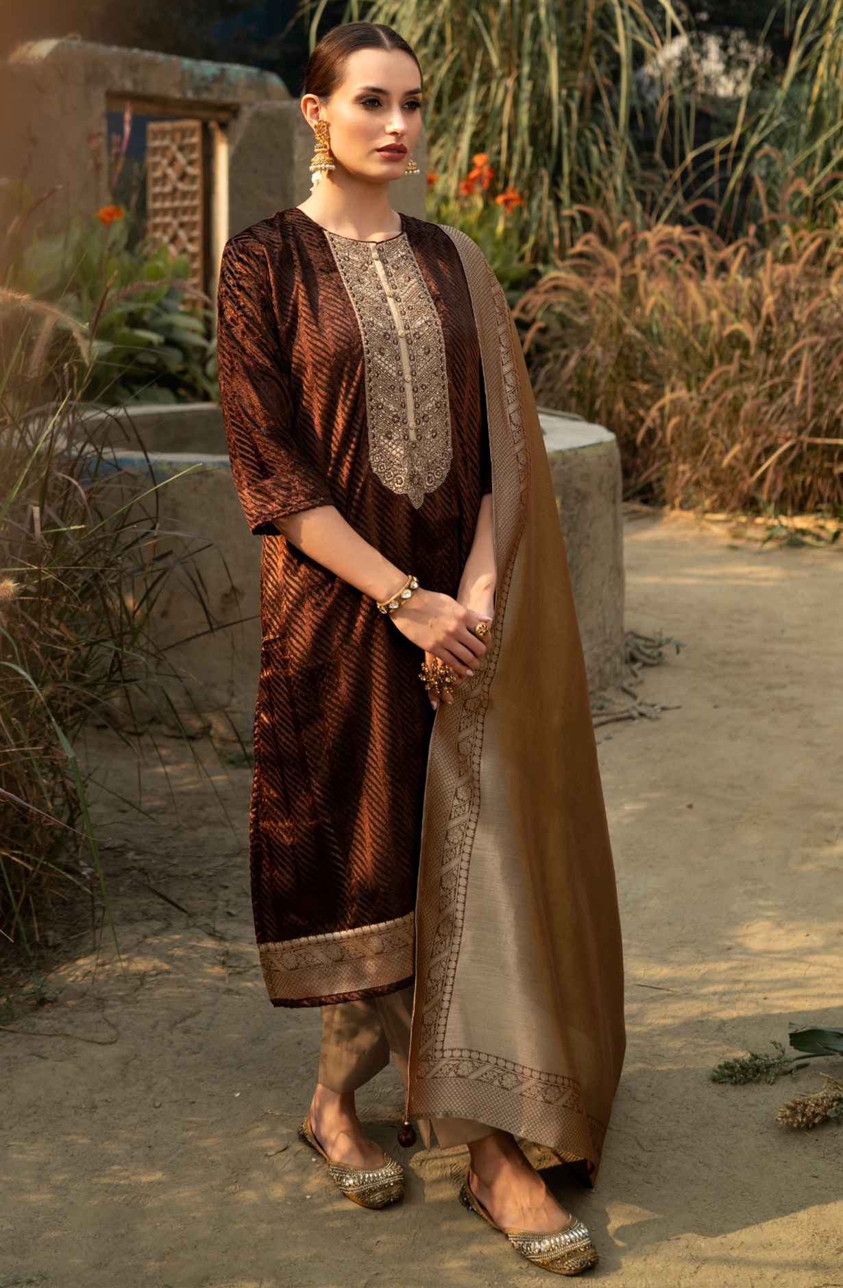 Brown Velvet Unstitched Suit with Silk Jacquard Dupatta - R157-SPR2099B