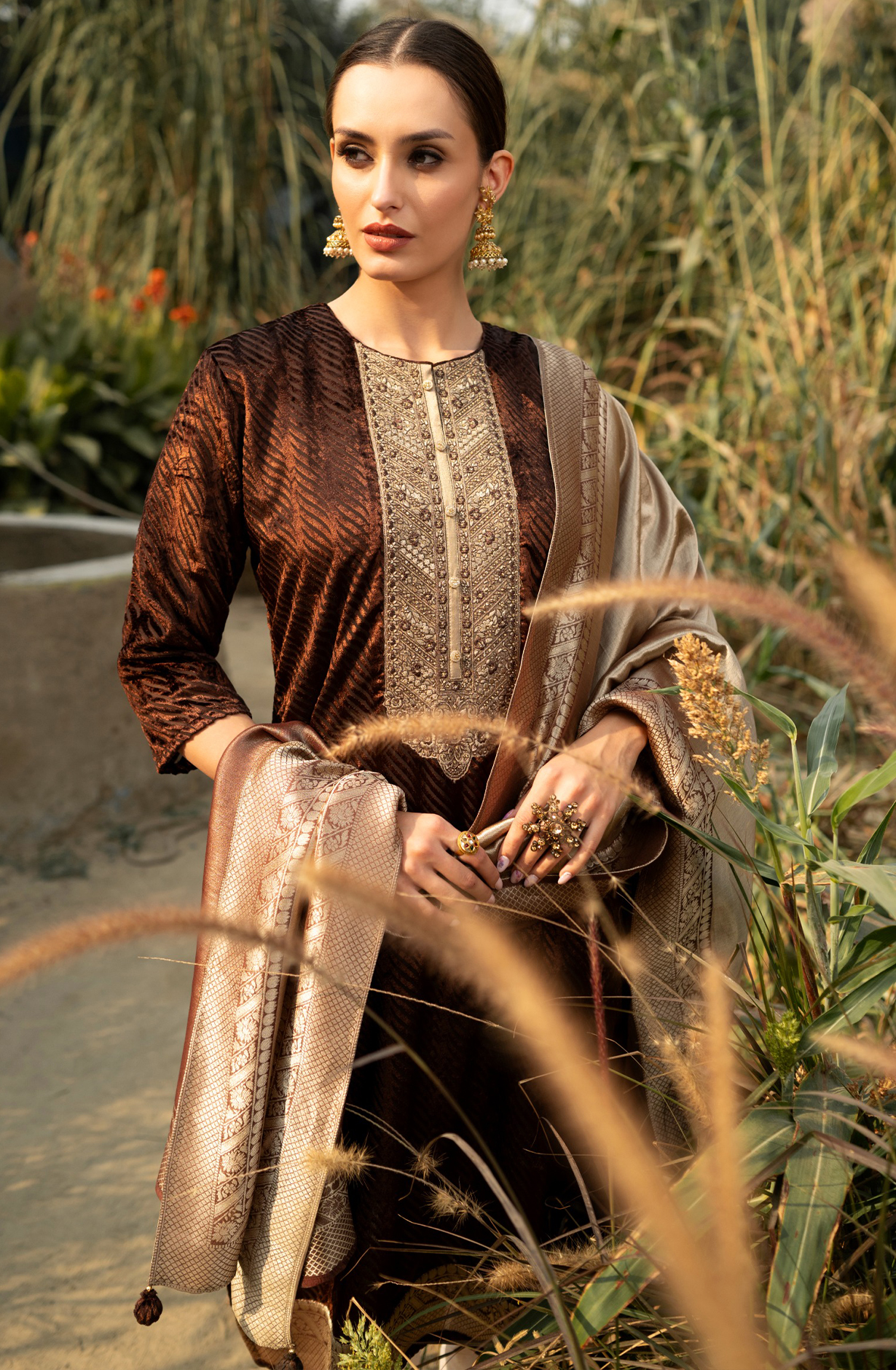 Brown Velvet Unstitched Suit with Silk Jacquard Dupatta - R157-SPR2099B