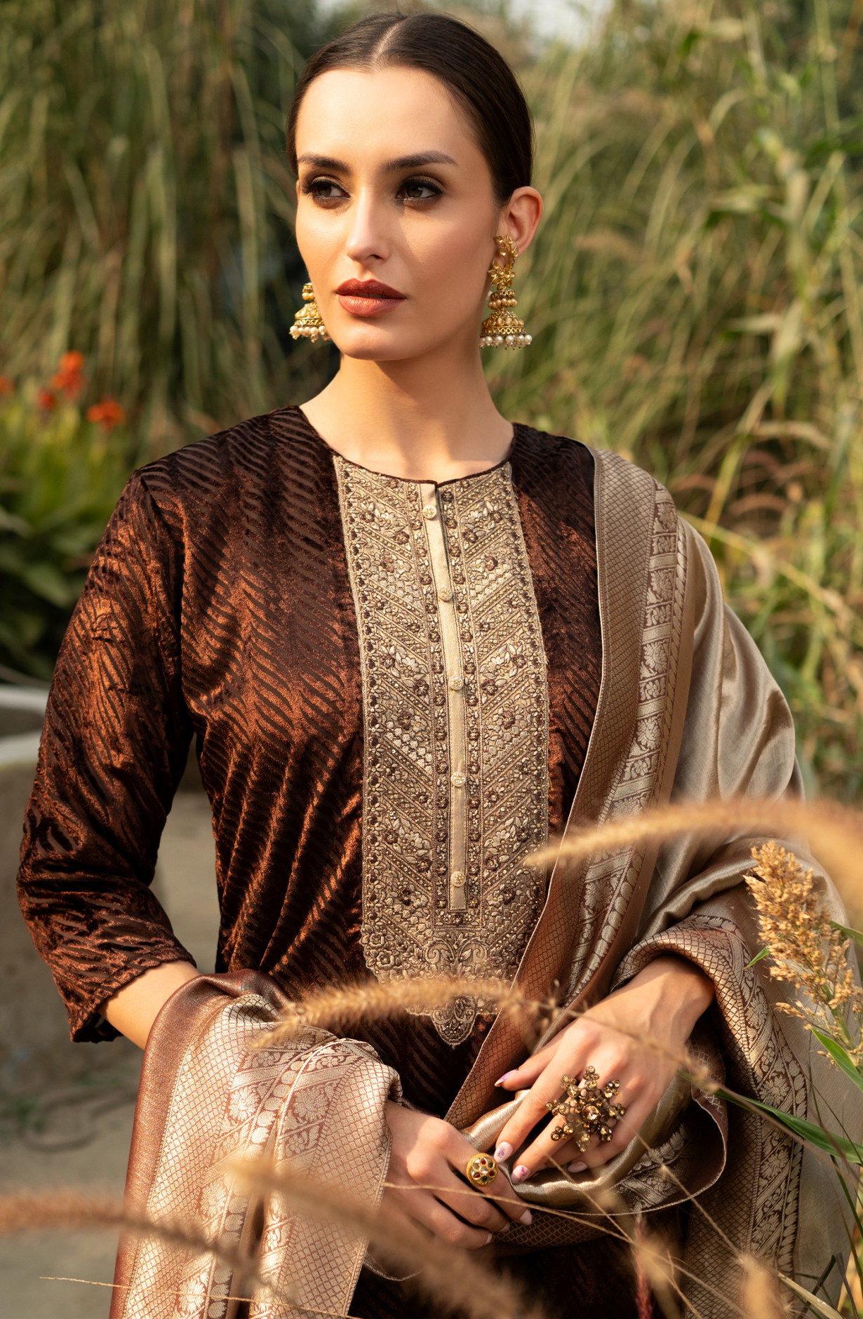 Brown Velvet Unstitched Suit with Silk Jacquard Dupatta - R157-SPR2099B