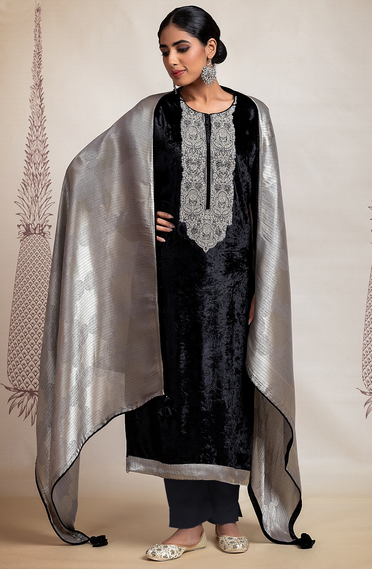 Black Velvet  Suit with Embroidery and Handwork  - R157-SPR2103A