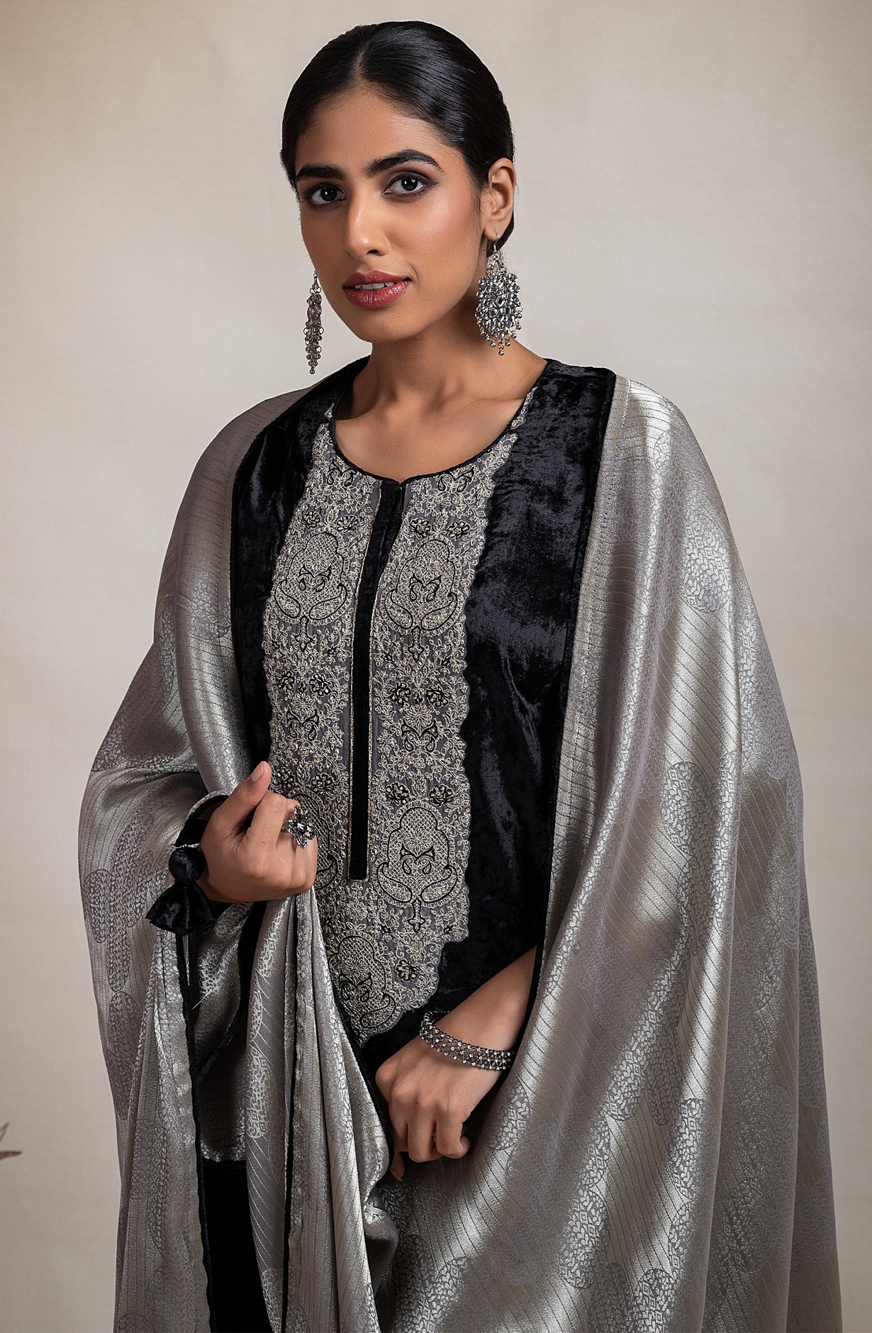 Black Velvet  Suit with Embroidery and Handwork  - R157-SPR2103A