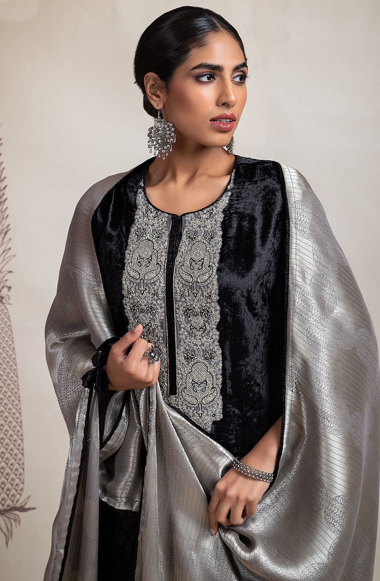 Black Velvet  Suit with Embroidery and Handwork  - R157-SPR2103A