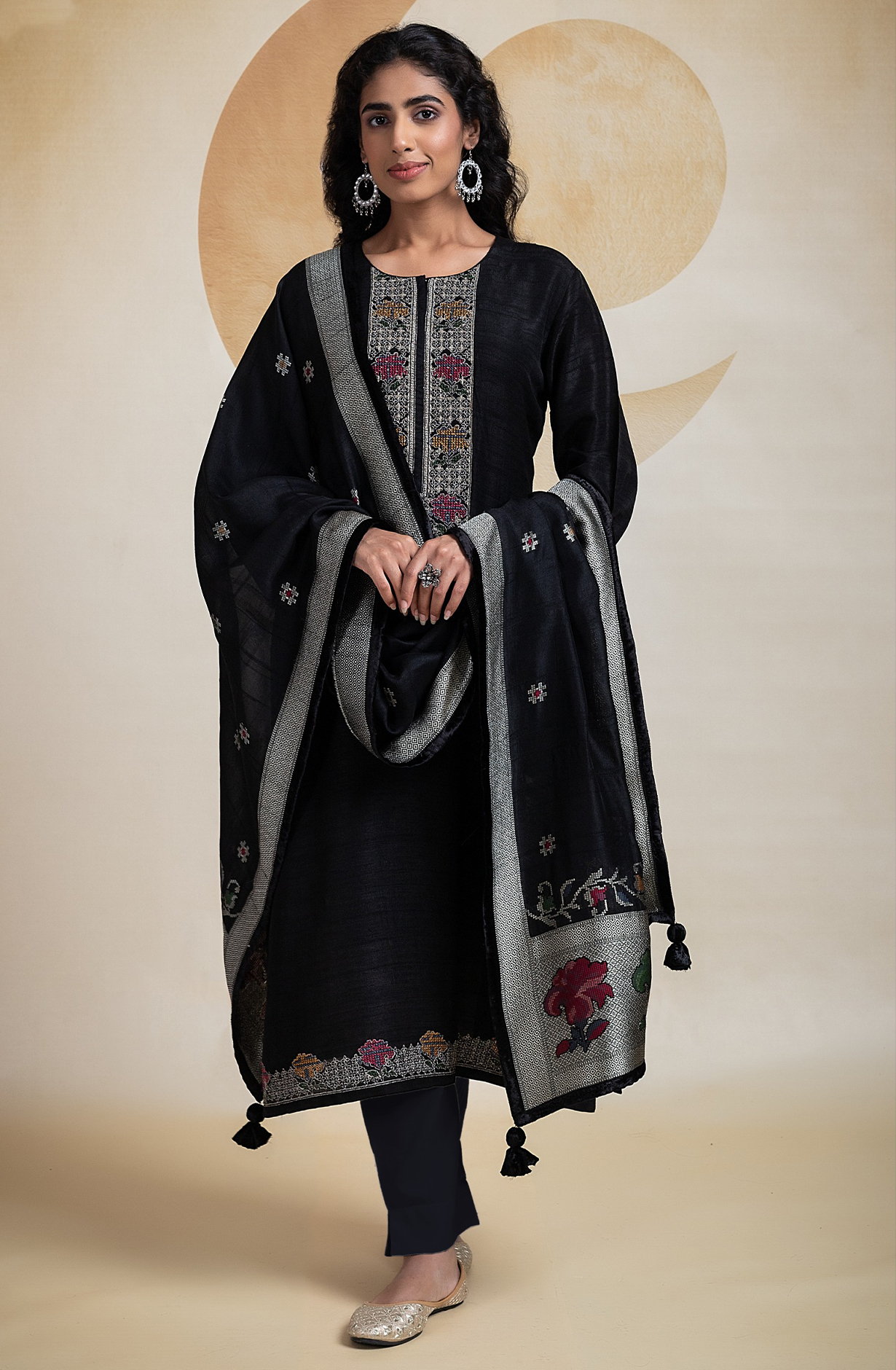 Black Tussar Unstitched Suit with Beautiful Silk Jacquard Dupatta - R157-SPR2106