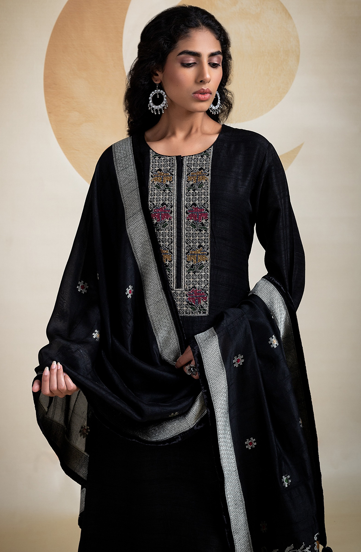 Black Tussar Unstitched Suit with Beautiful Silk Jacquard Dupatta - R157-SPR2106