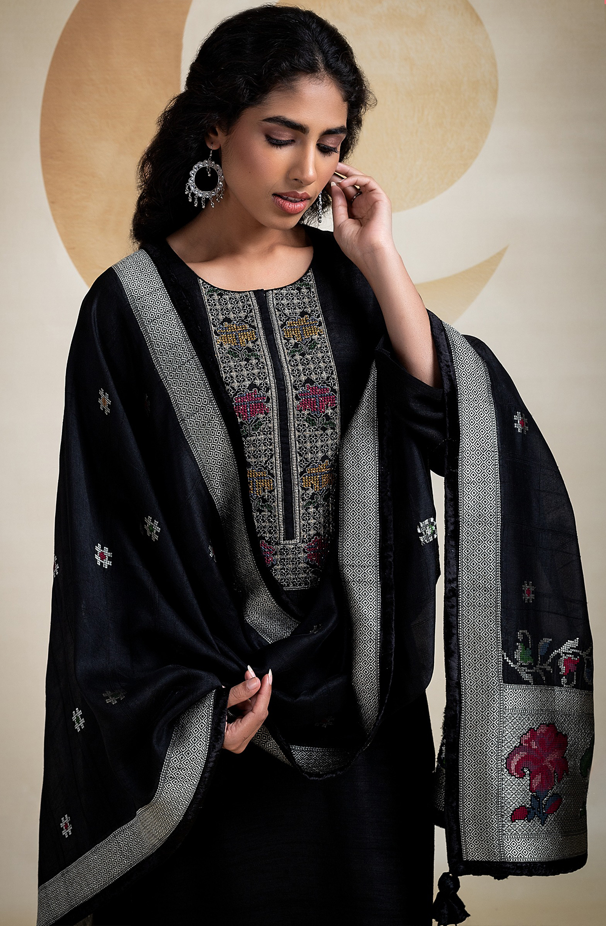 Black Tussar Unstitched Suit with Beautiful Silk Jacquard Dupatta - R157-SPR2106