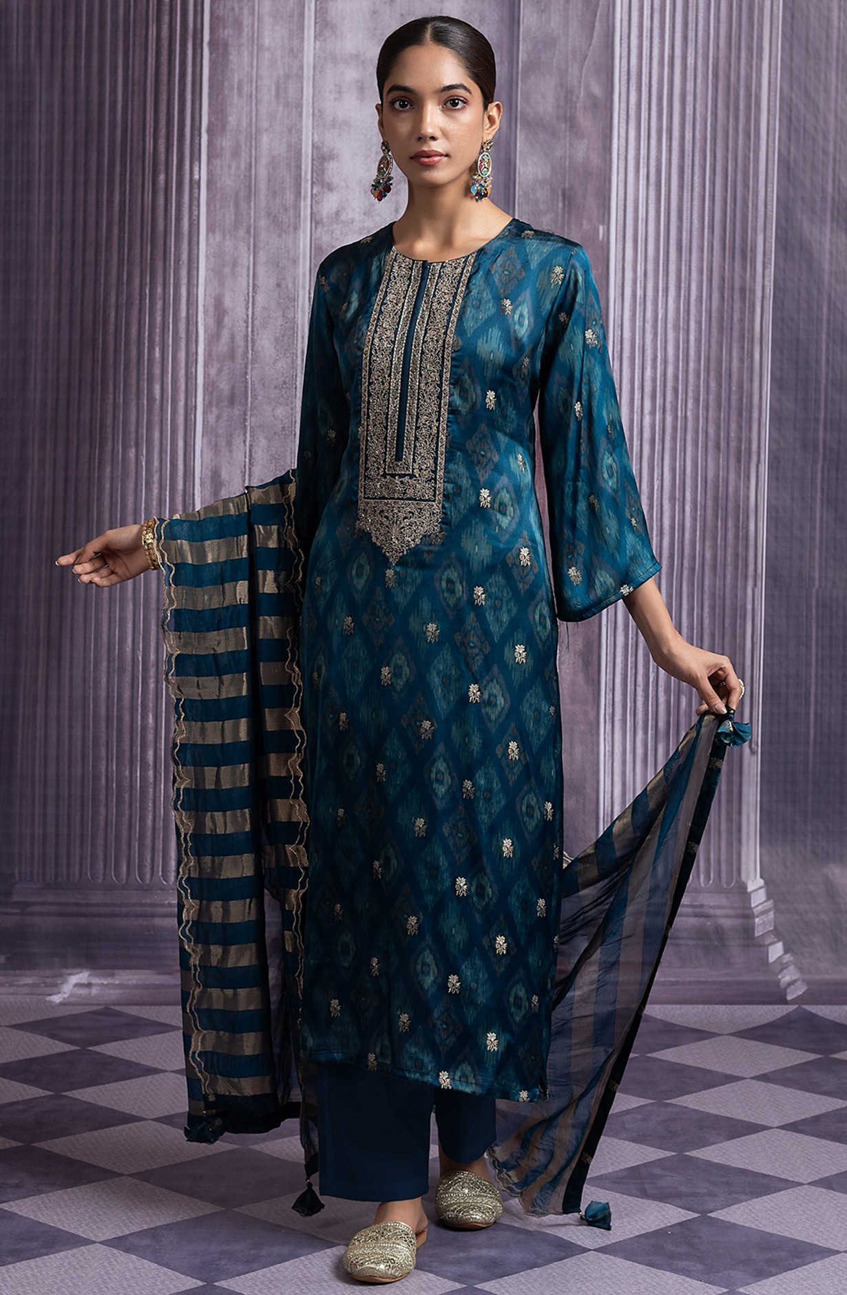 Blue Silk Jacquard Suit Set with Organza Silk Dupatta - R157-SPR2491