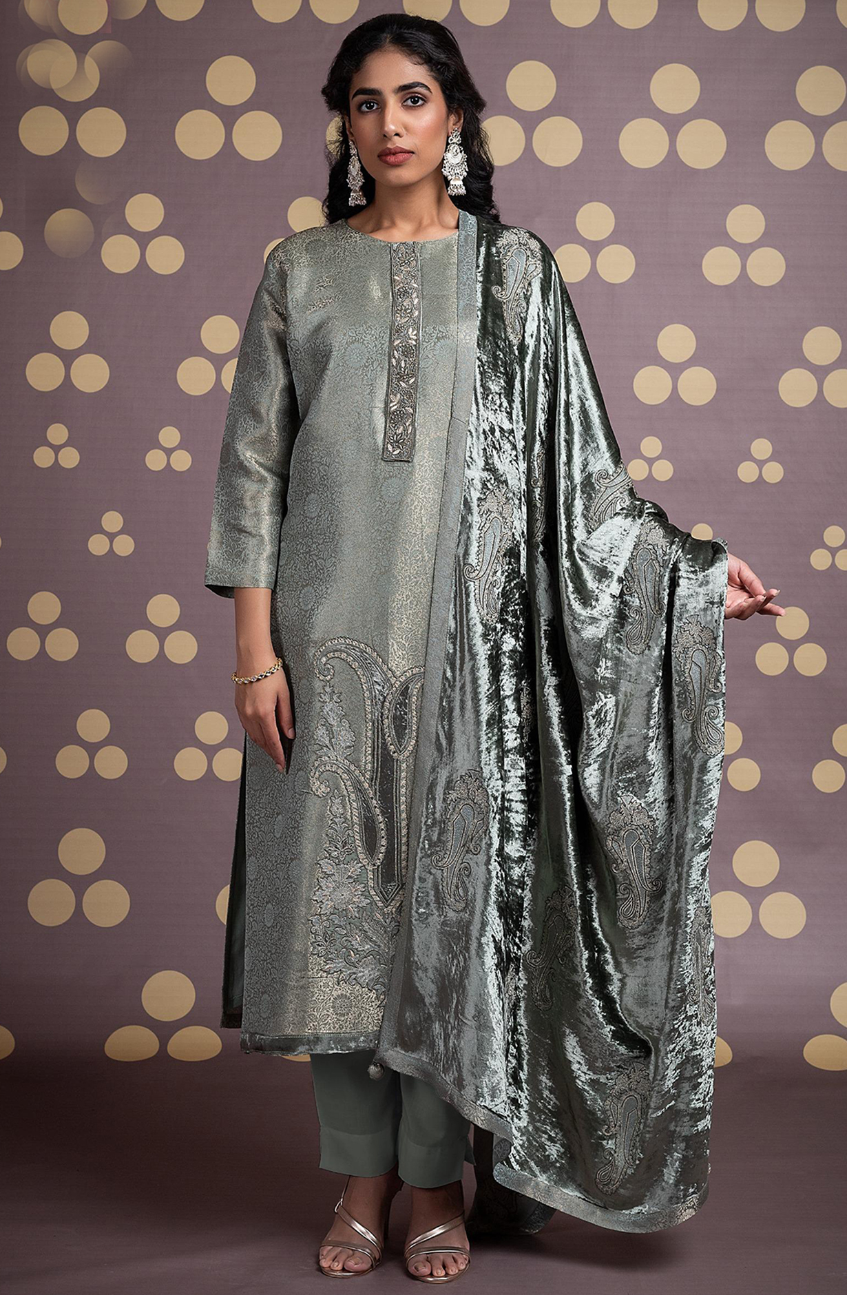 Green Silk Jacquard Unstitch suit set with Dupatta - R157-SPR2111