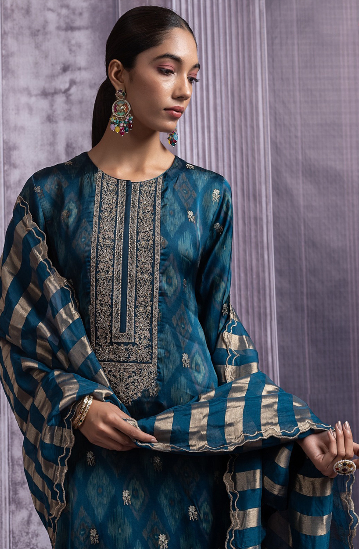 Blue Silk Jacquard Suit Set with Organza Silk Dupatta - R157-SPR2491