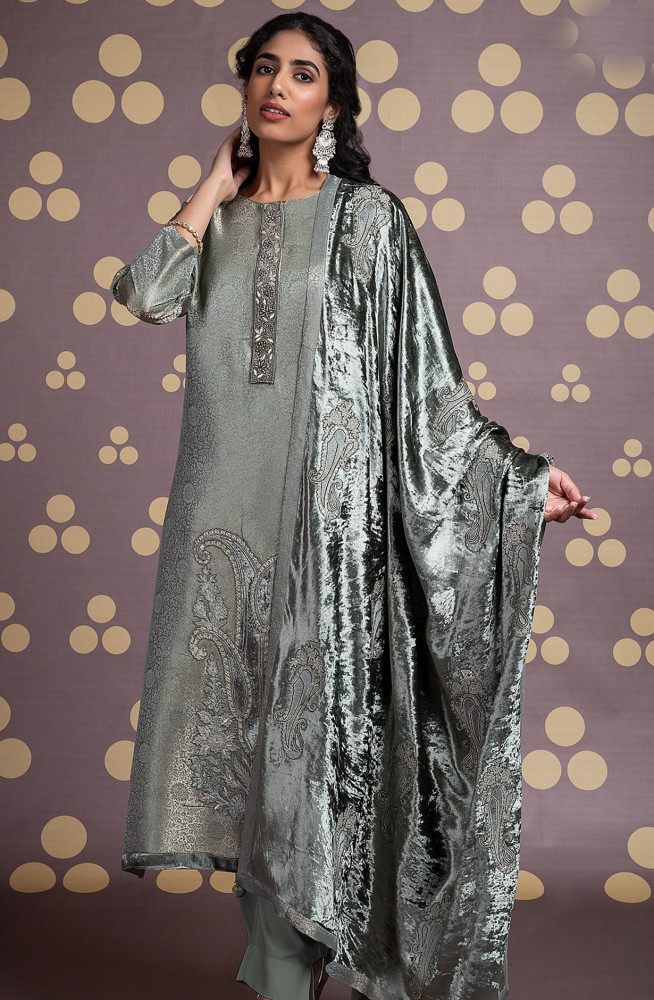 Image of Green Silk Jacquard Unstitch suit set with Dupatta - R157-SPR2111