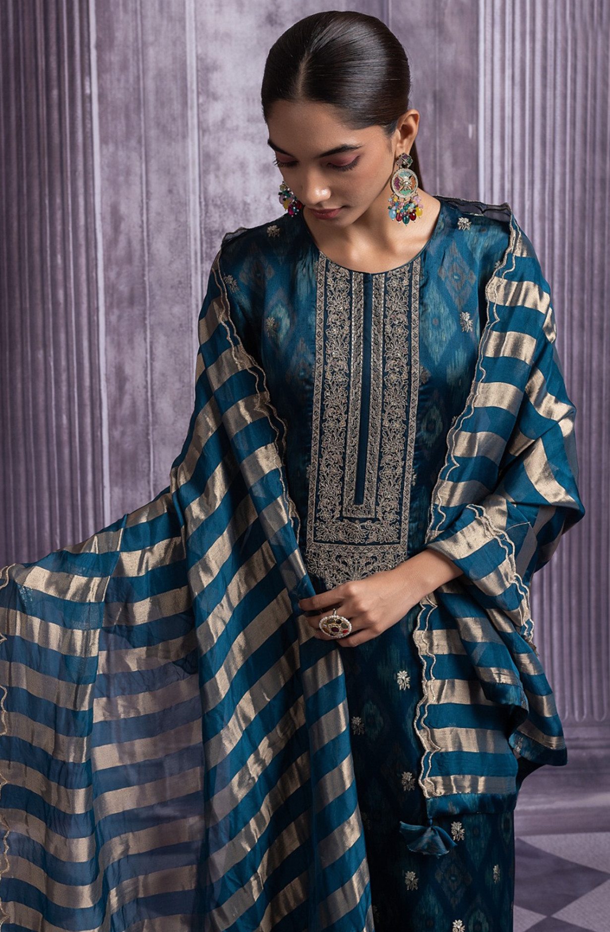 Blue Silk Jacquard Suit Set with Organza Silk Dupatta - R157-SPR2491