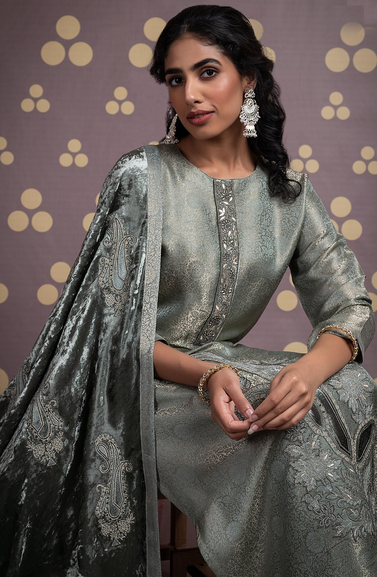 Green Silk Jacquard Unstitch suit set with Dupatta - R157-SPR2111