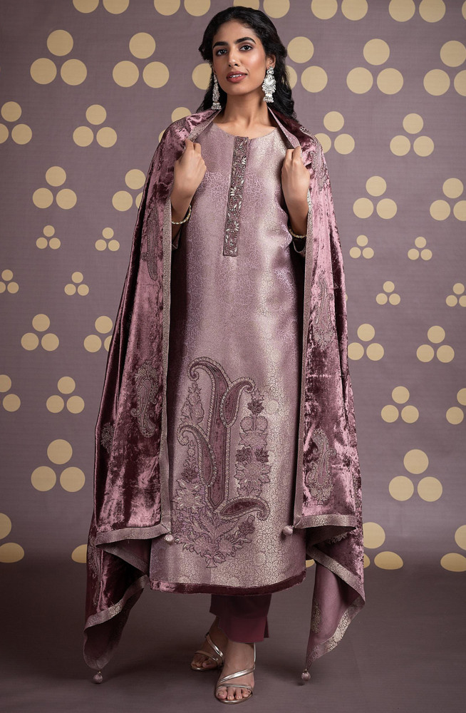 Image of Pink Silk Jacquard Unstitch suit set with Dupatta - R157-SPR2111A